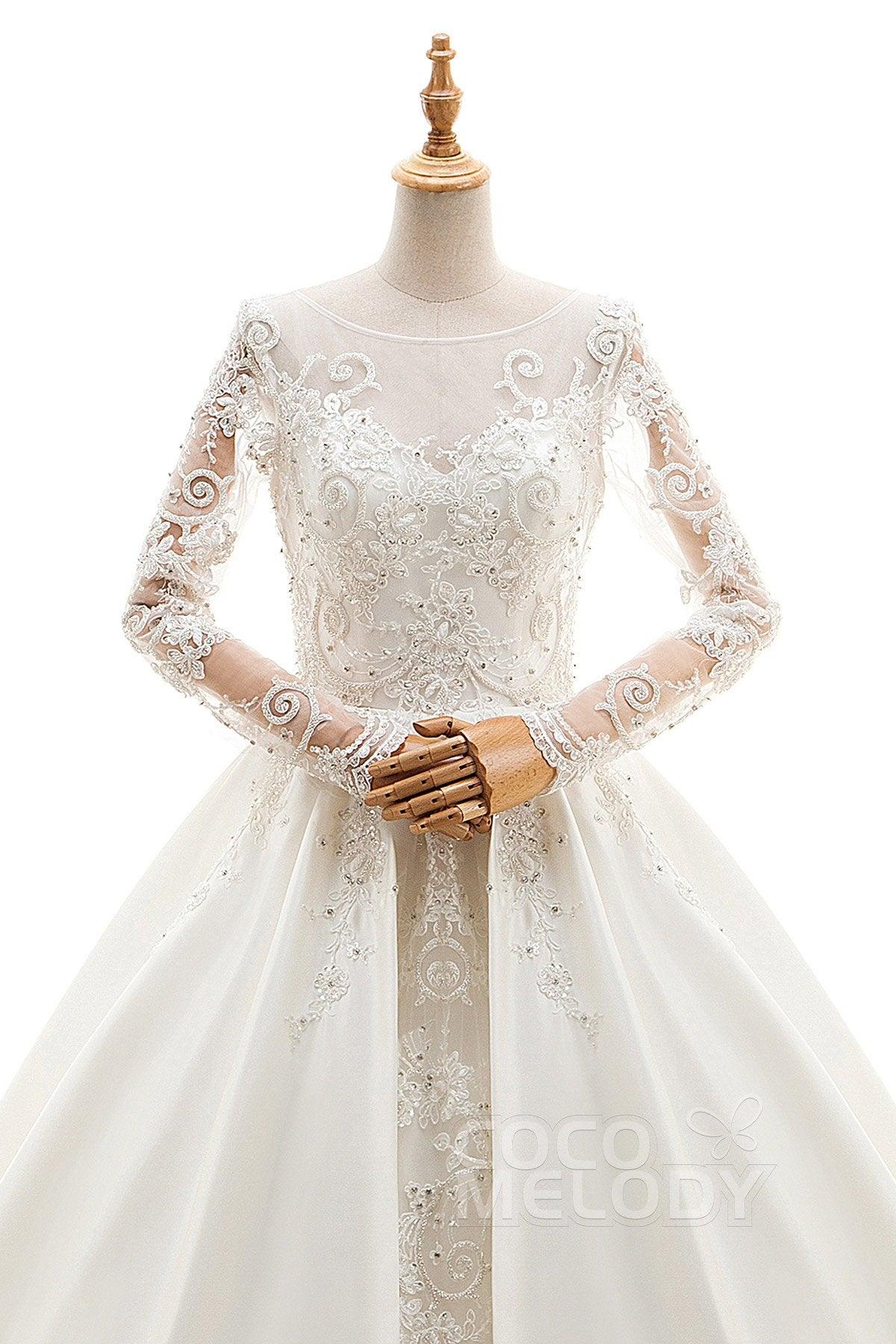 A-Line Cathedral Train Tulle and Satin Wedding Dress LD4139 - COCOMELODY