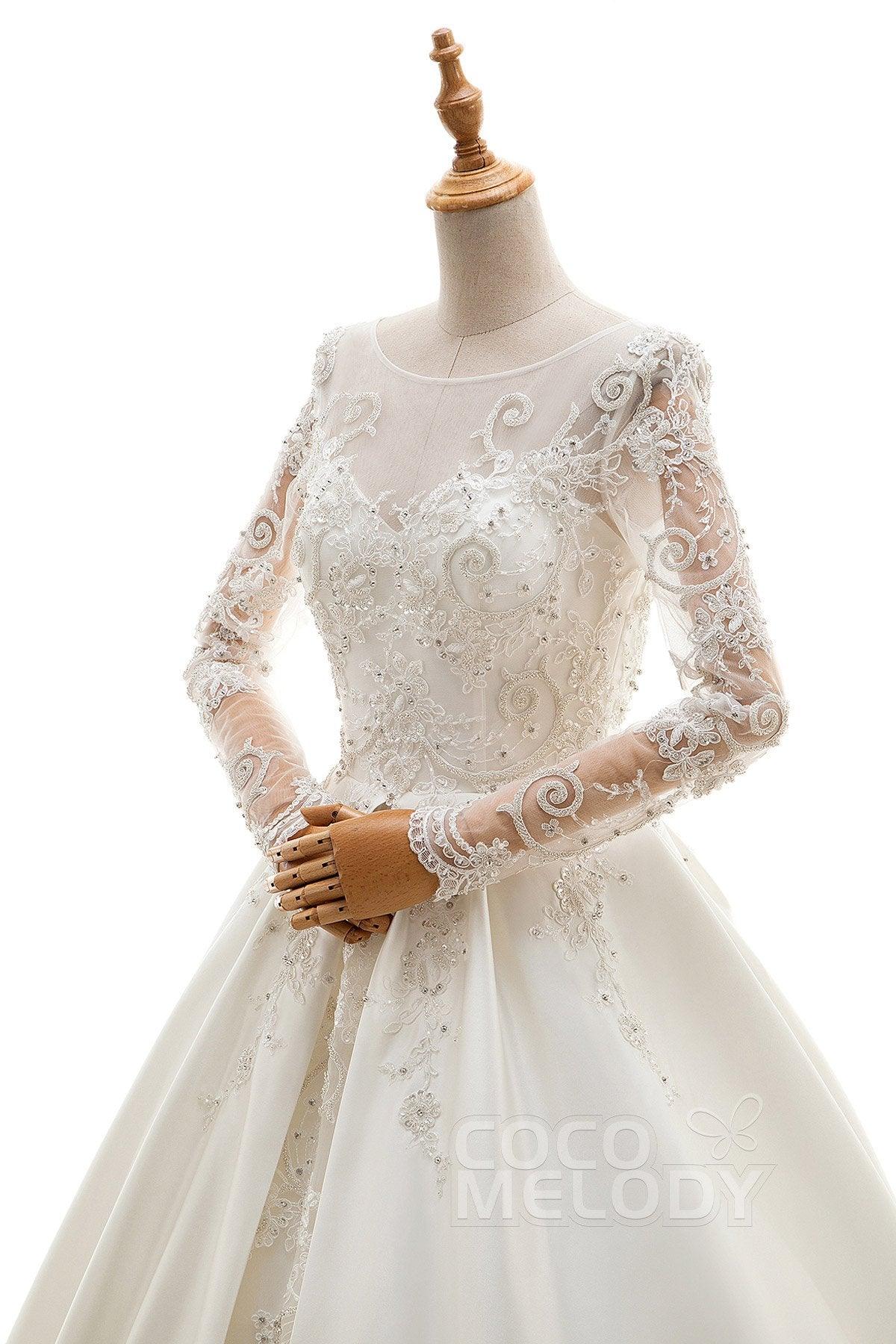 A-Line Cathedral Train Tulle and Satin Wedding Dress LD4139 - COCOMELODY