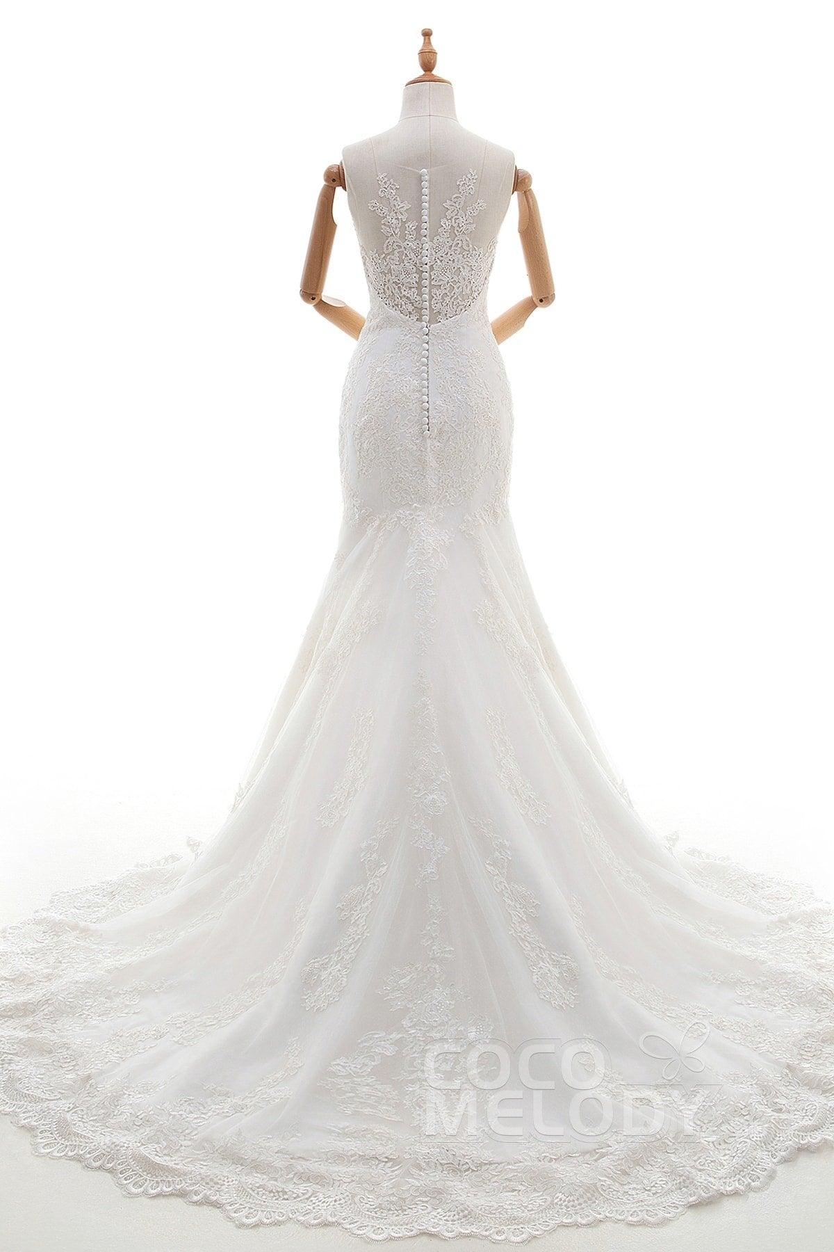 Trumpet-Mermaid Court Train Tulle Lace Wedding Dress LD4342 - COCOMELODY
