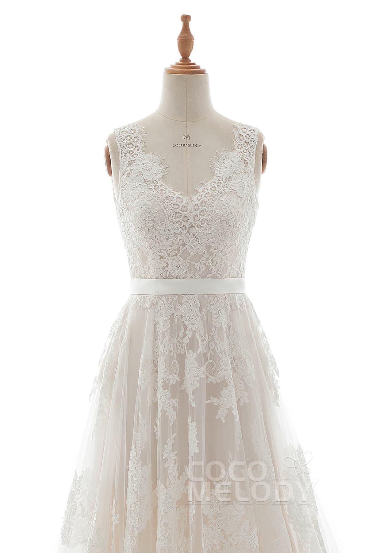 A-Line Court Train Tulle Lace and Satin Wedding Dress LD5039 - COCOMELODY