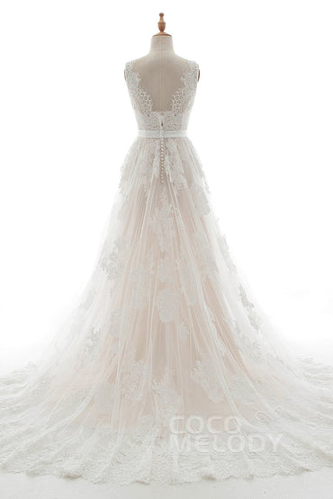 A-Line Court Train Tulle Lace and Satin Wedding Dress LD5039