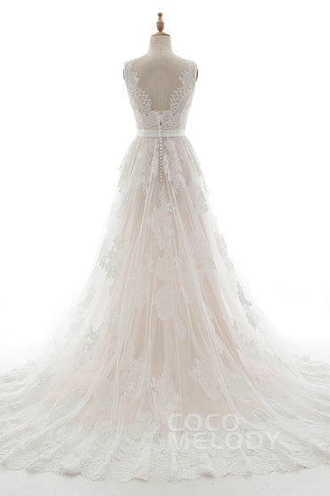A-Line Court Train Tulle Lace and Satin Wedding Dress LD5039 - COCOMELODY