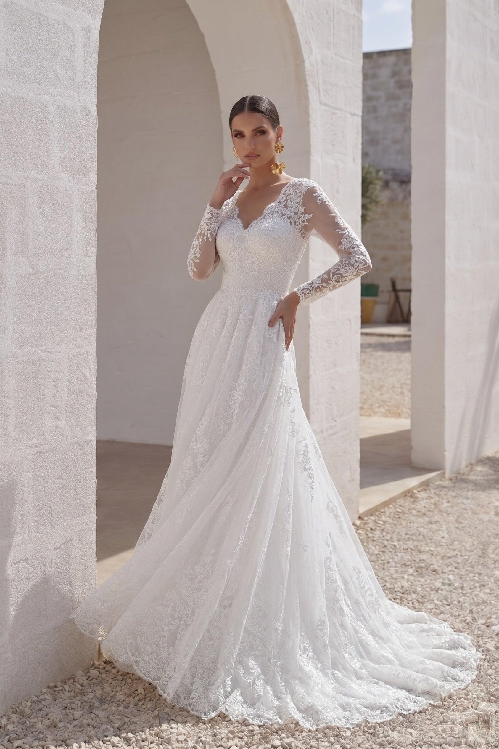 A-Line Court Train Tulle Lace Satin Modest Wedding Dress V-Neck