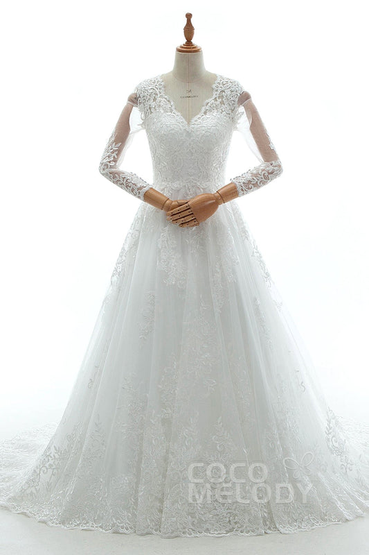 A-Line Court Train Tulle Lace and Satin Wedding Dress LD5731