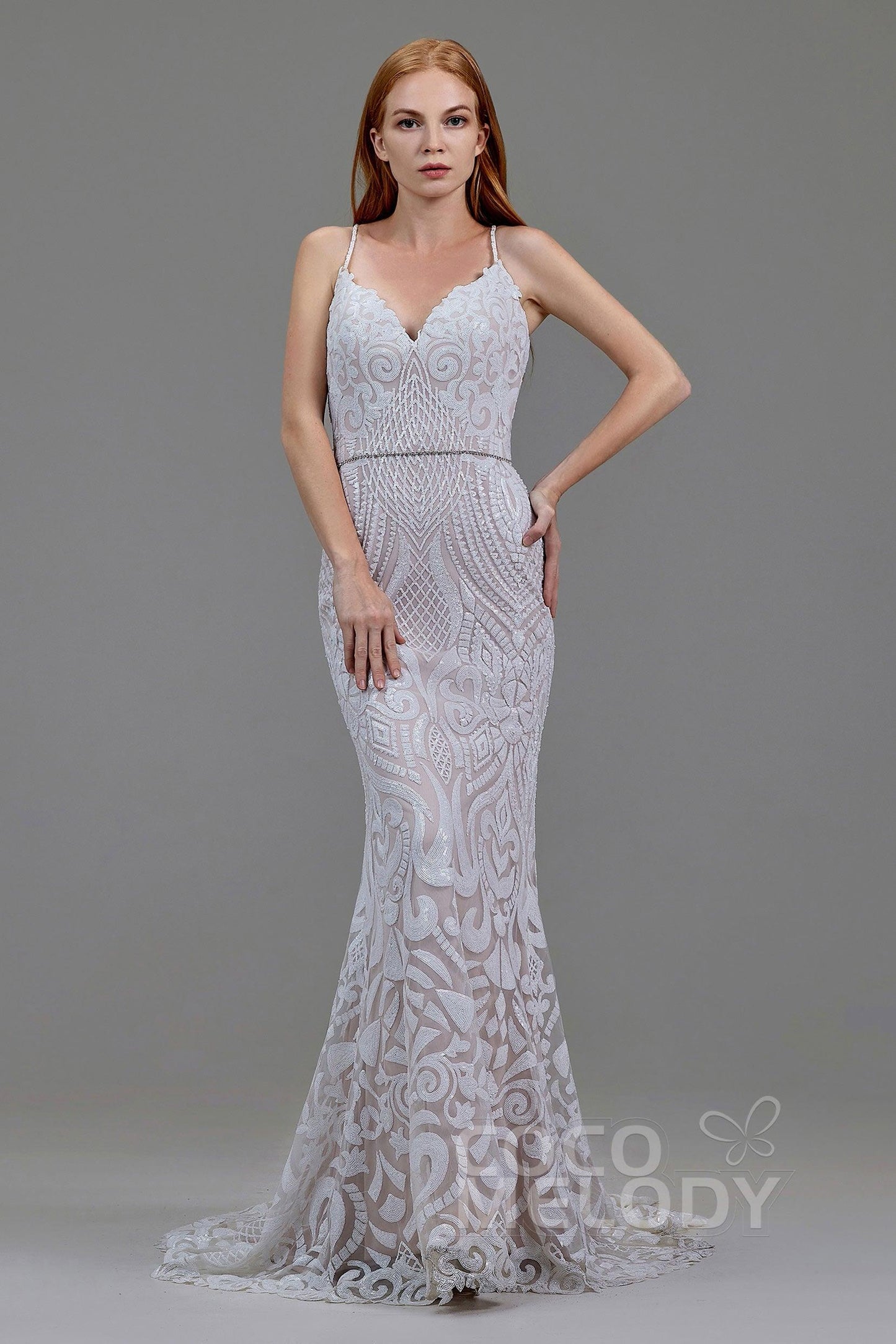 Mermaid Court Train Sequined Lace Wedding Dress LD5780 - COCOMELODY