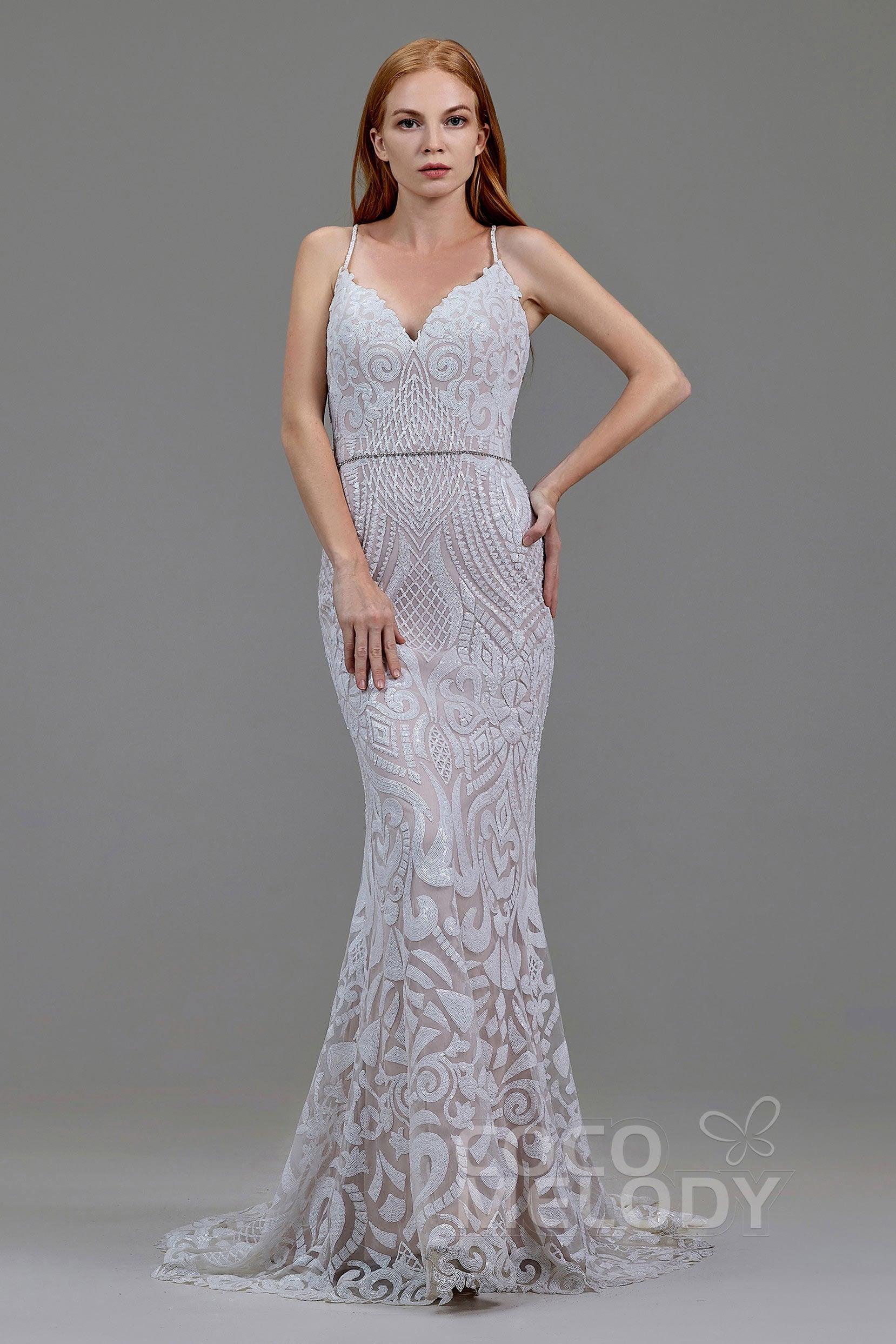 Mermaid Court Train Sequined Lace Wedding Dress LD5780 - COCOMELODY