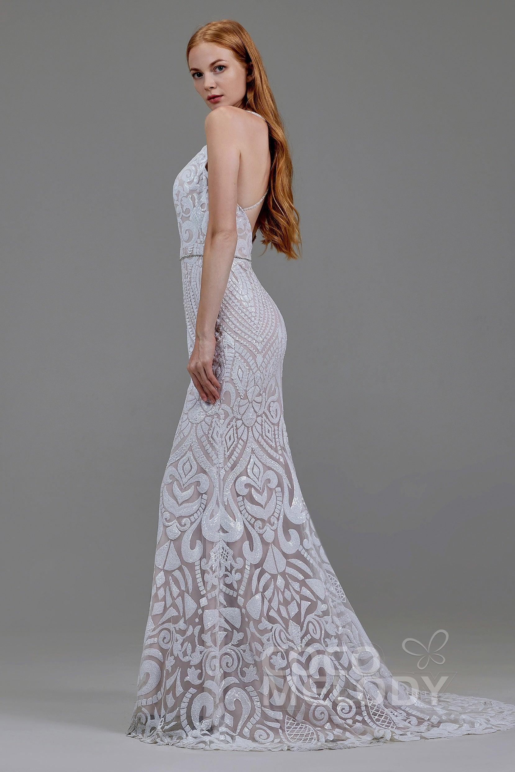 Mermaid Court Train Sequined Lace Wedding Dress LD5780 - COCOMELODY