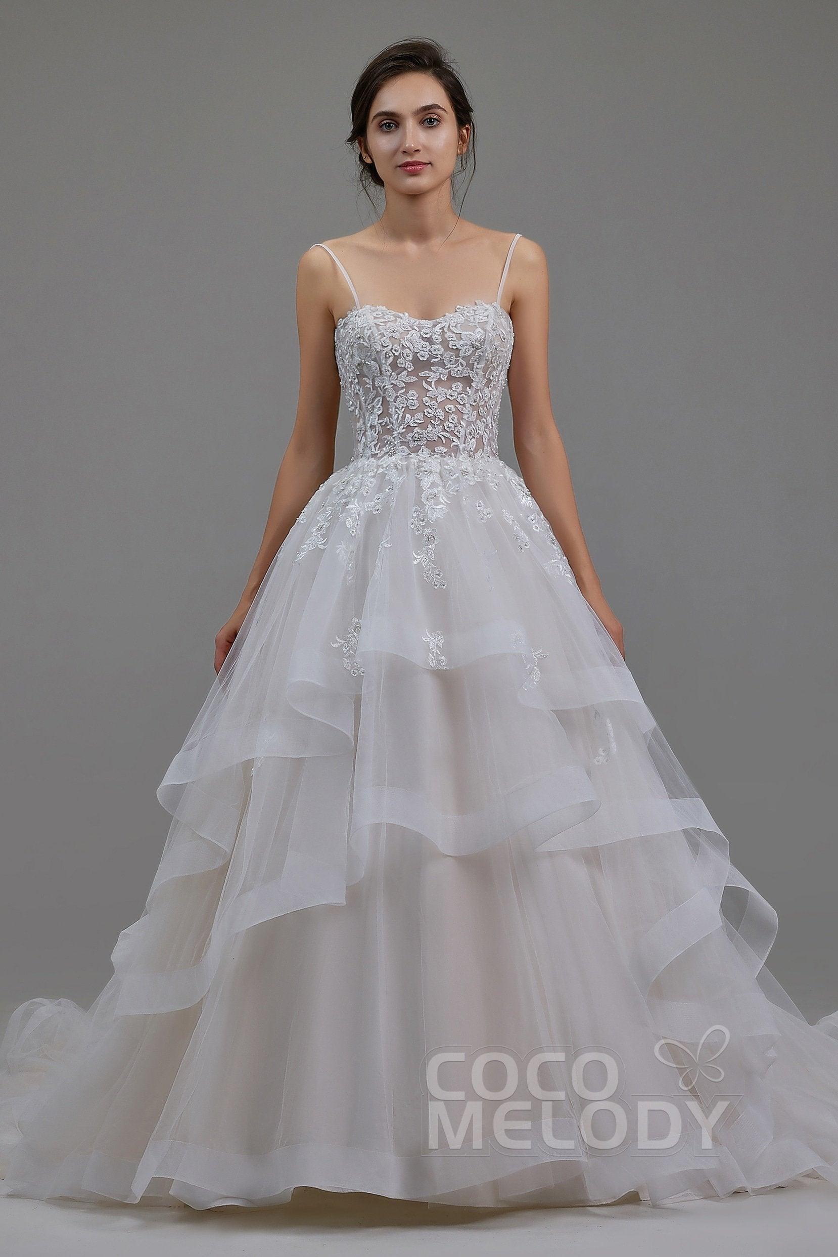 A-Line Chapel Train Tulle and Lace Wedding Dress LD5814 - COCOMELODY