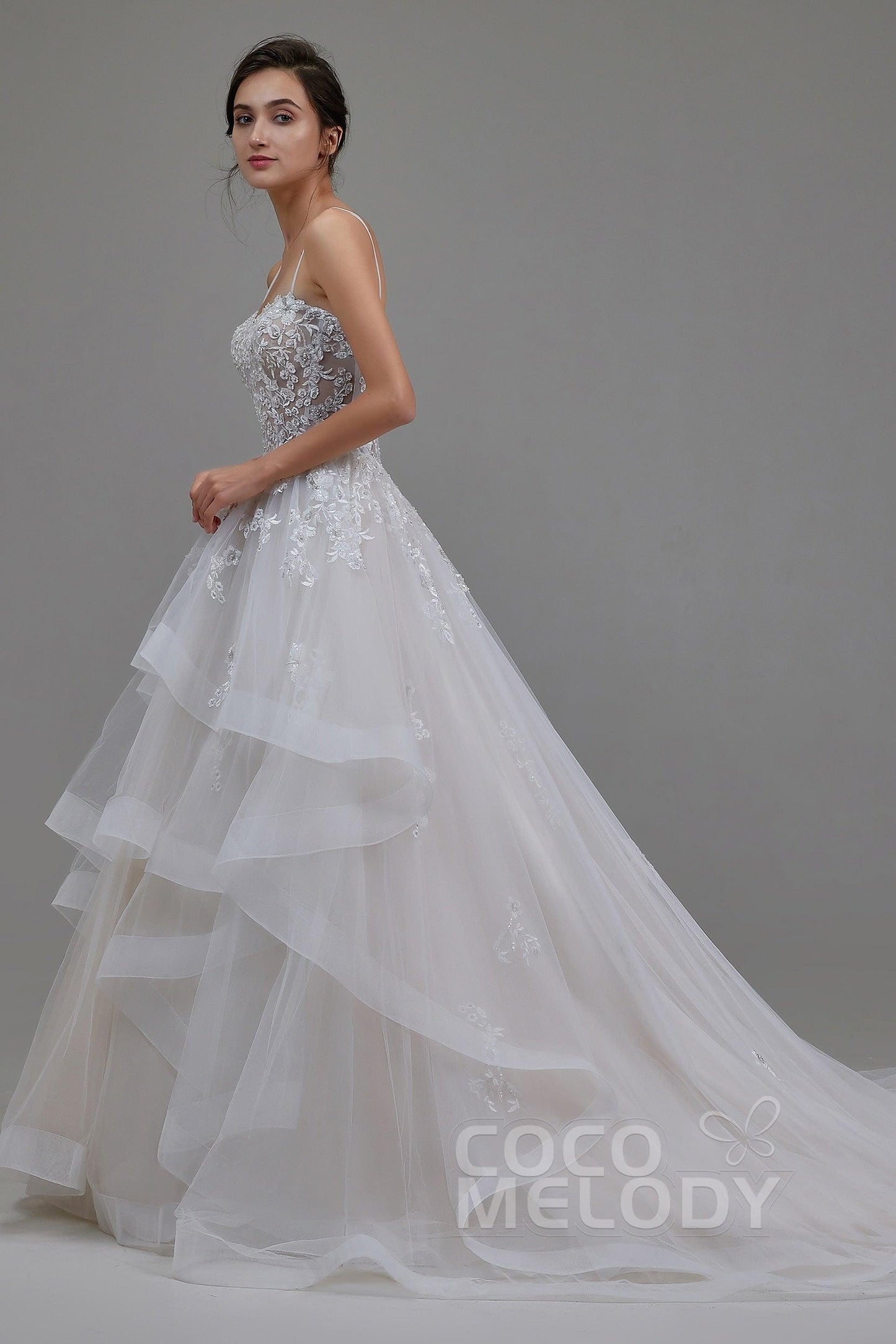 A-Line Chapel Train Tulle and Lace Wedding Dress LD5814 - COCOMELODY