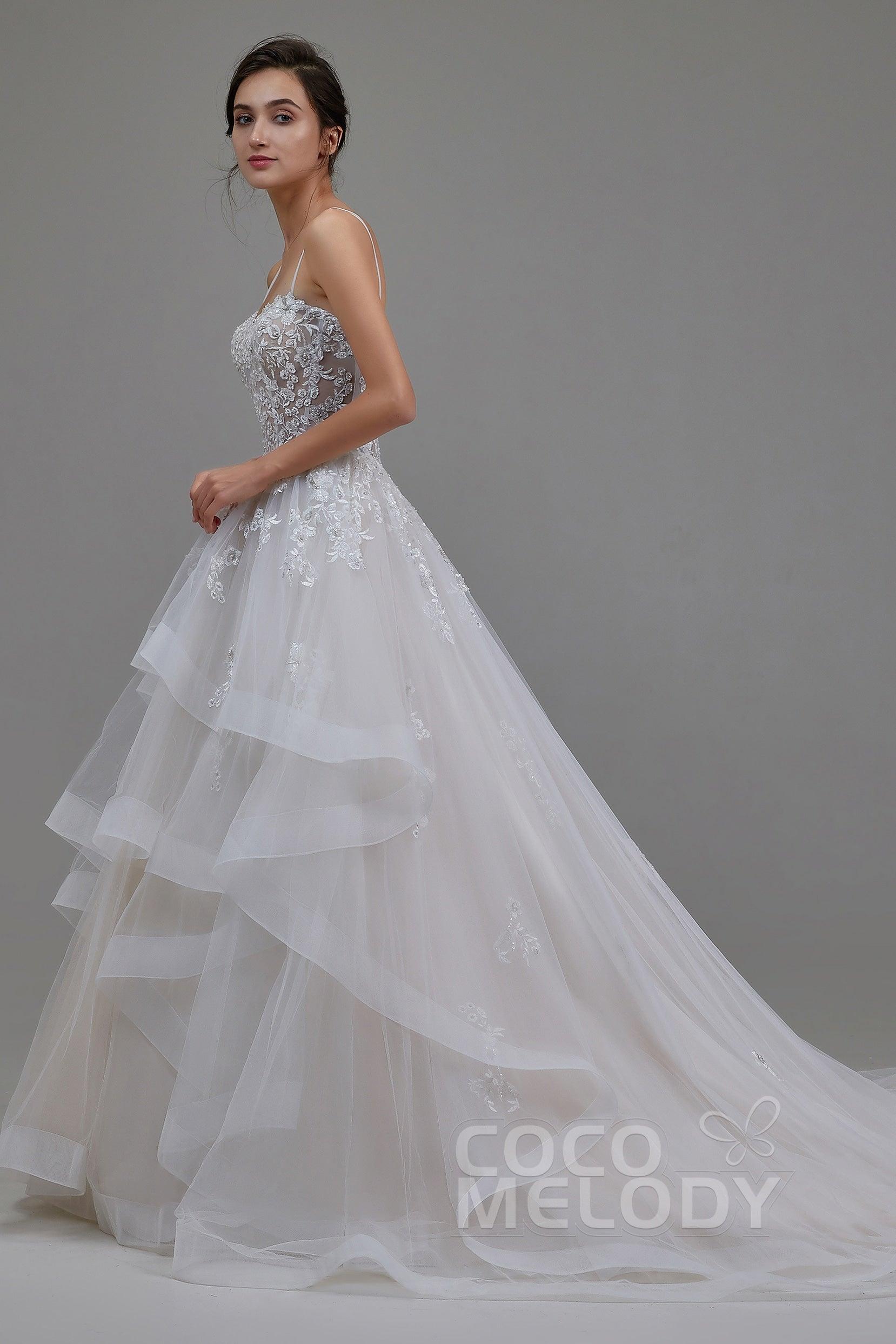 A-Line Chapel Train Tulle and Lace Wedding Dress LD5814 - COCOMELODY