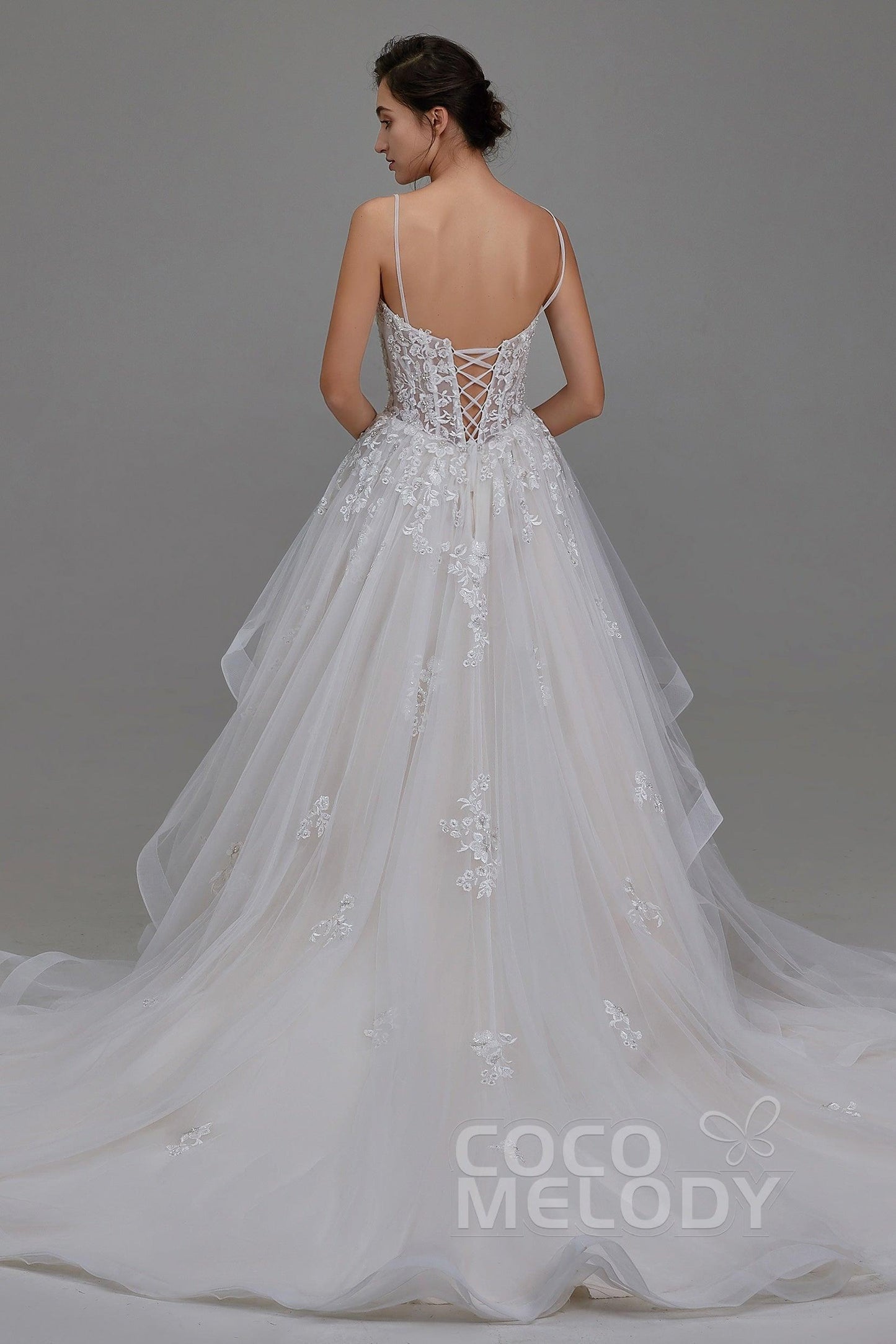 A-Line Chapel Train Tulle and Lace Wedding Dress LD5814 - COCOMELODY