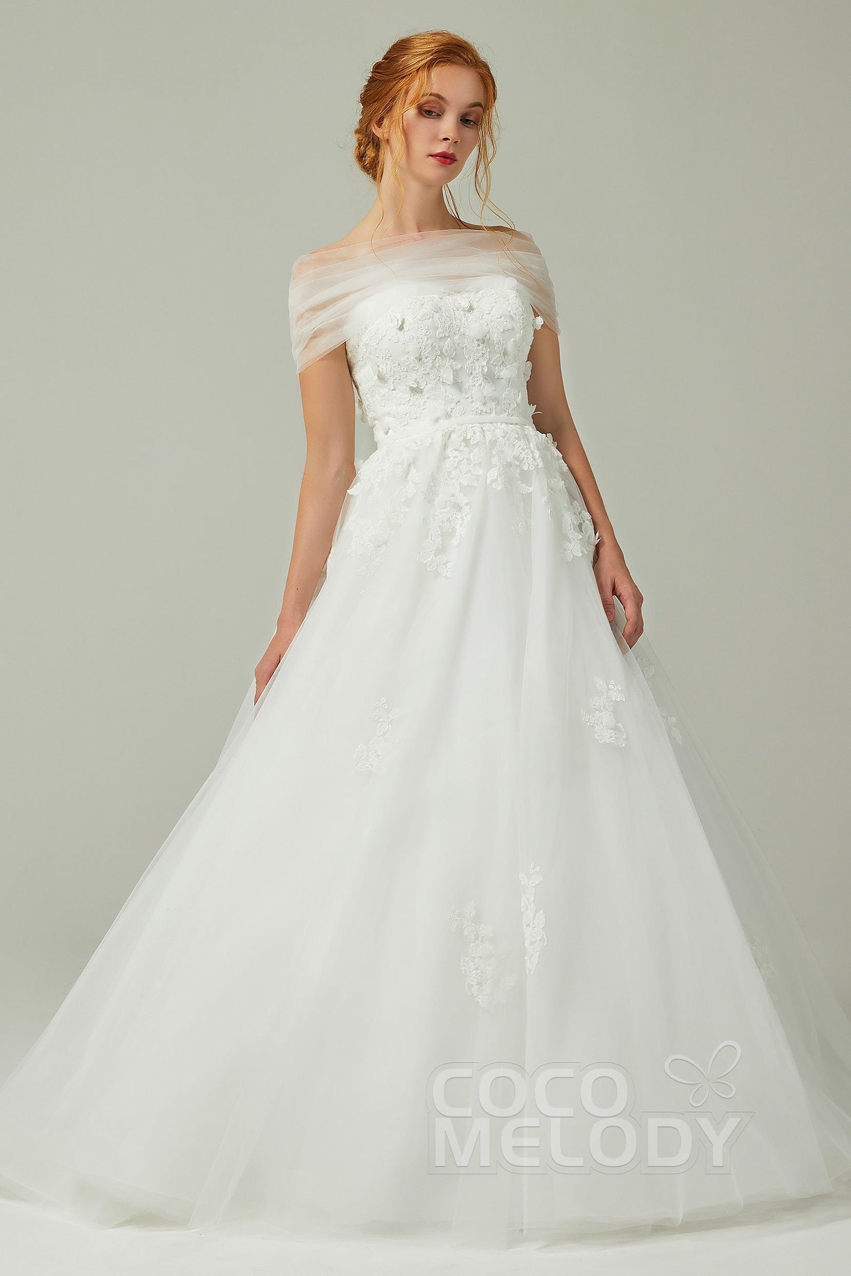 A-Line Sweep-Brush Train Tulle Wedding Dress LD5820CR - COCOMELODY