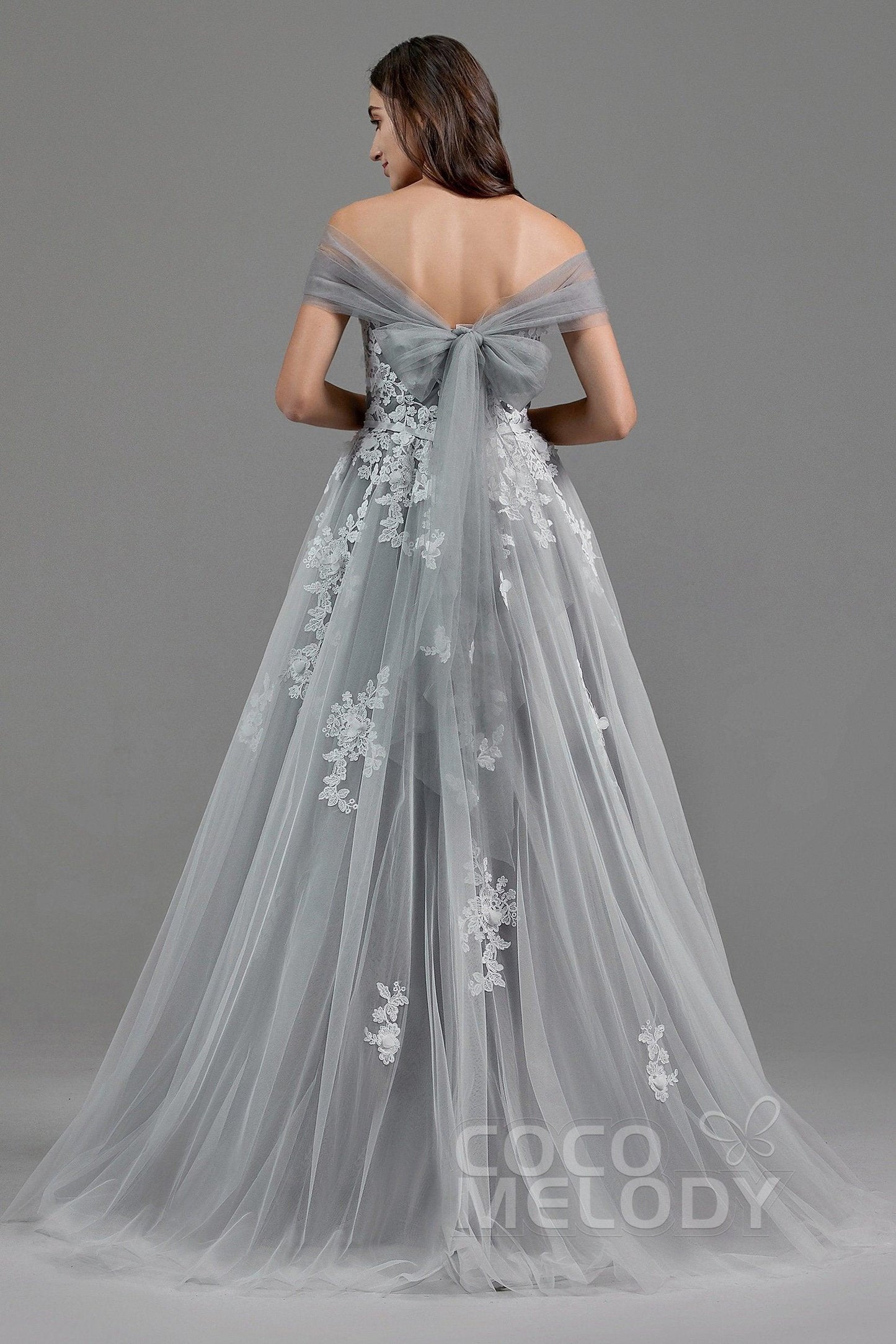 A-Line Sweep-Brush Train Tulle Wedding Dress LD5820CR - COCOMELODY