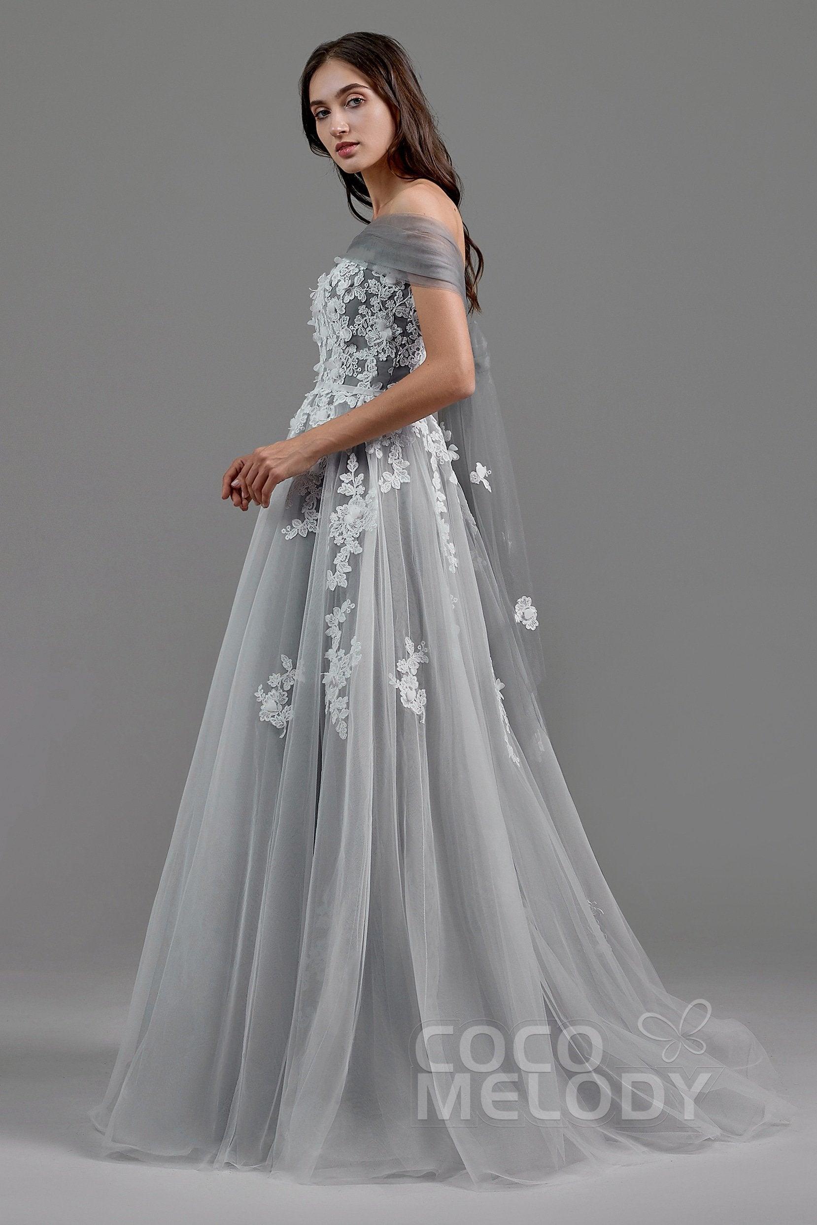 A-Line Sweep-Brush Train Tulle Wedding Dress LD5820CR - COCOMELODY
