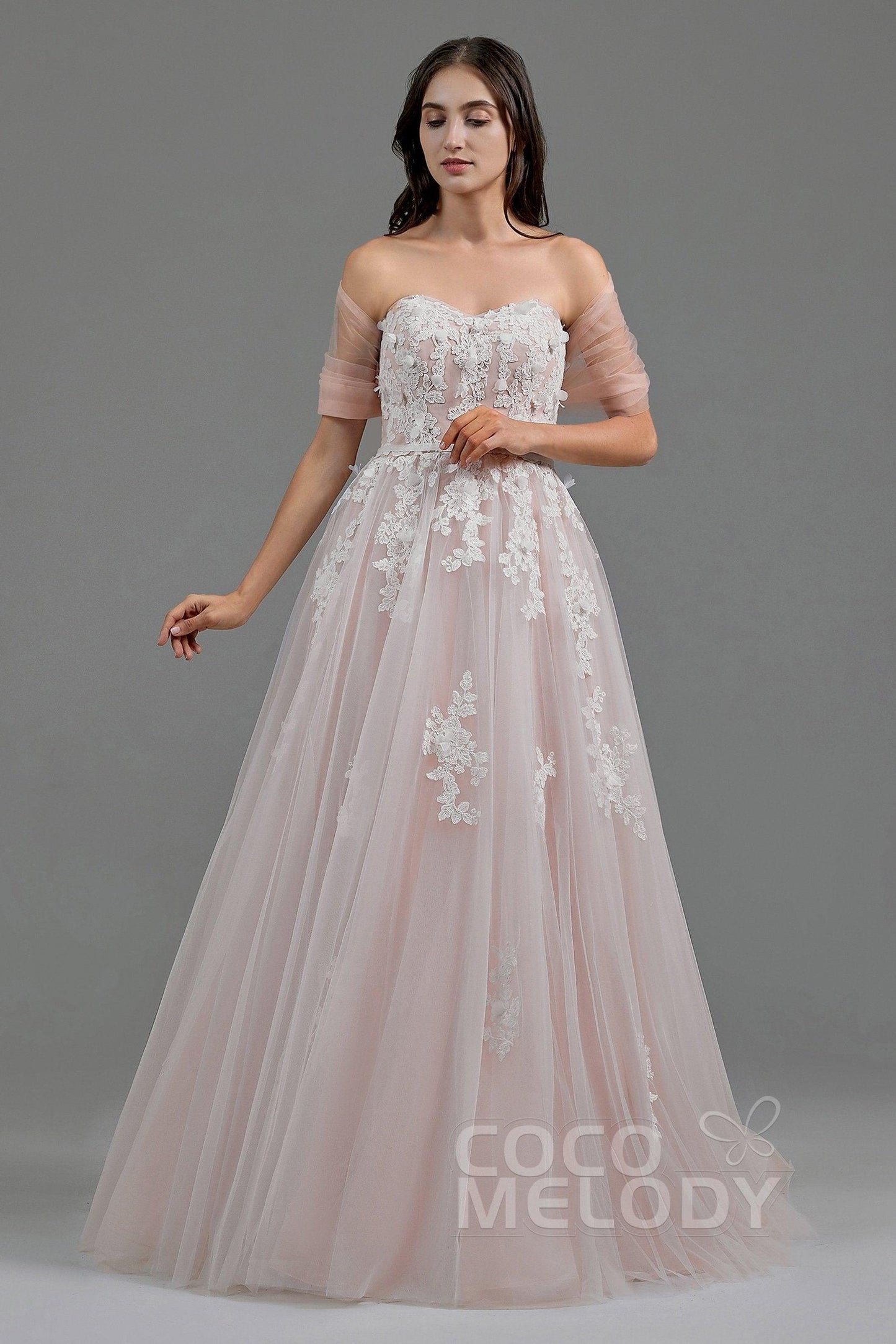 A-Line Sweep-Brush Train Tulle Wedding Dress LD5820CR - COCOMELODY