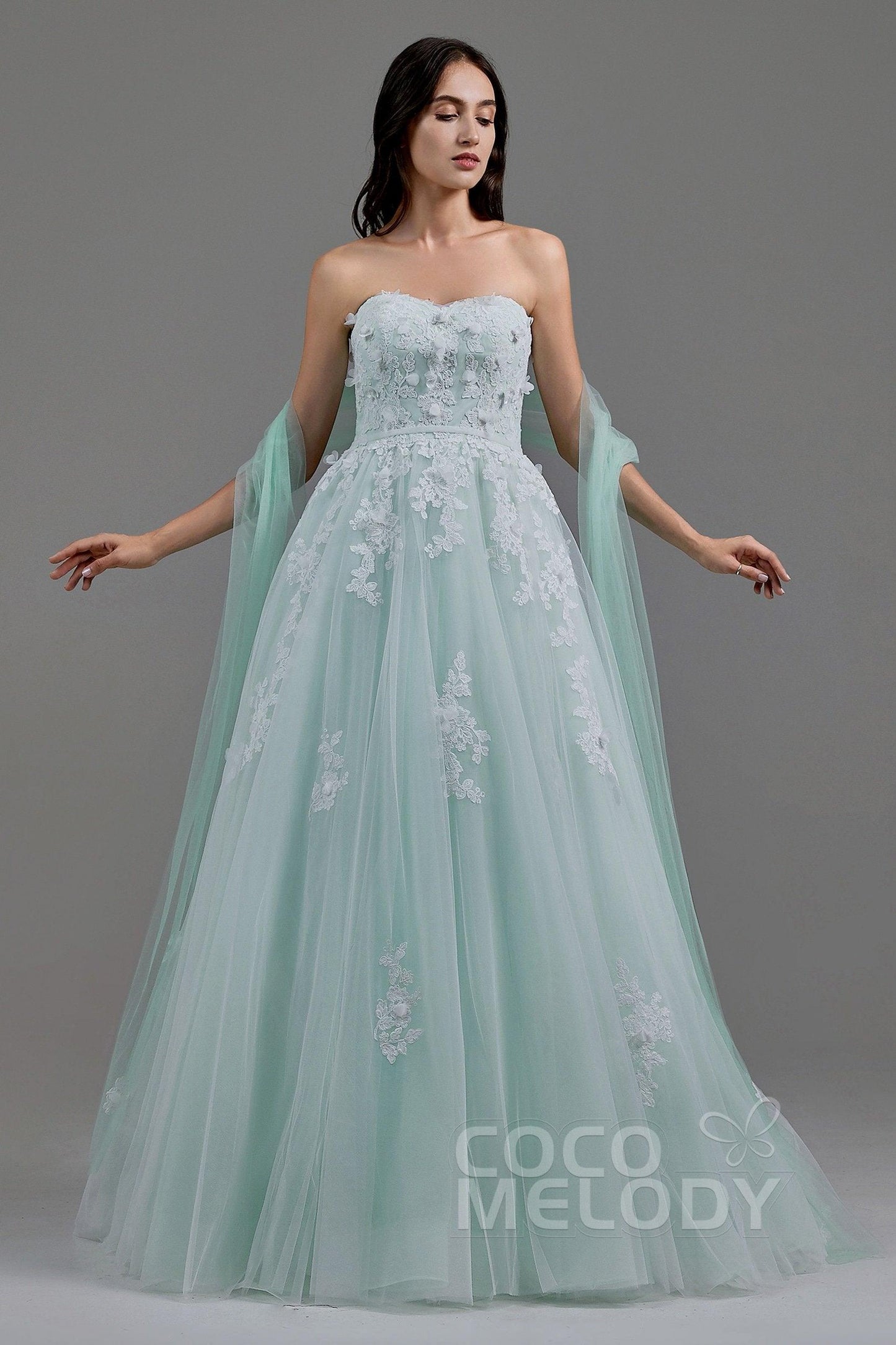 A-Line Sweep-Brush Train Tulle Wedding Dress LD5820CR - COCOMELODY