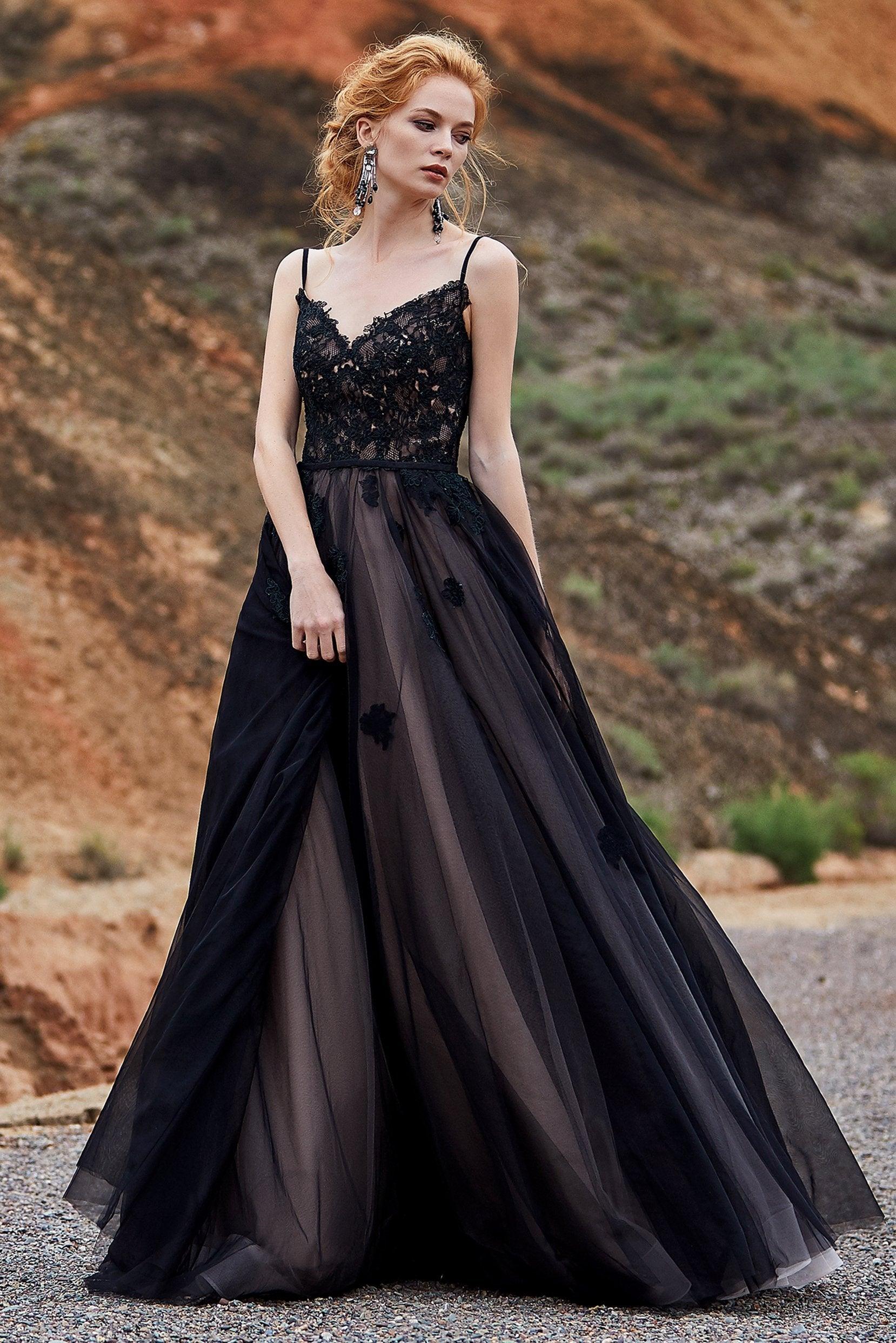 A-Line Sweep Train Tulle Lace Gothic Wedding Dress LD5821 - COCOMELODY