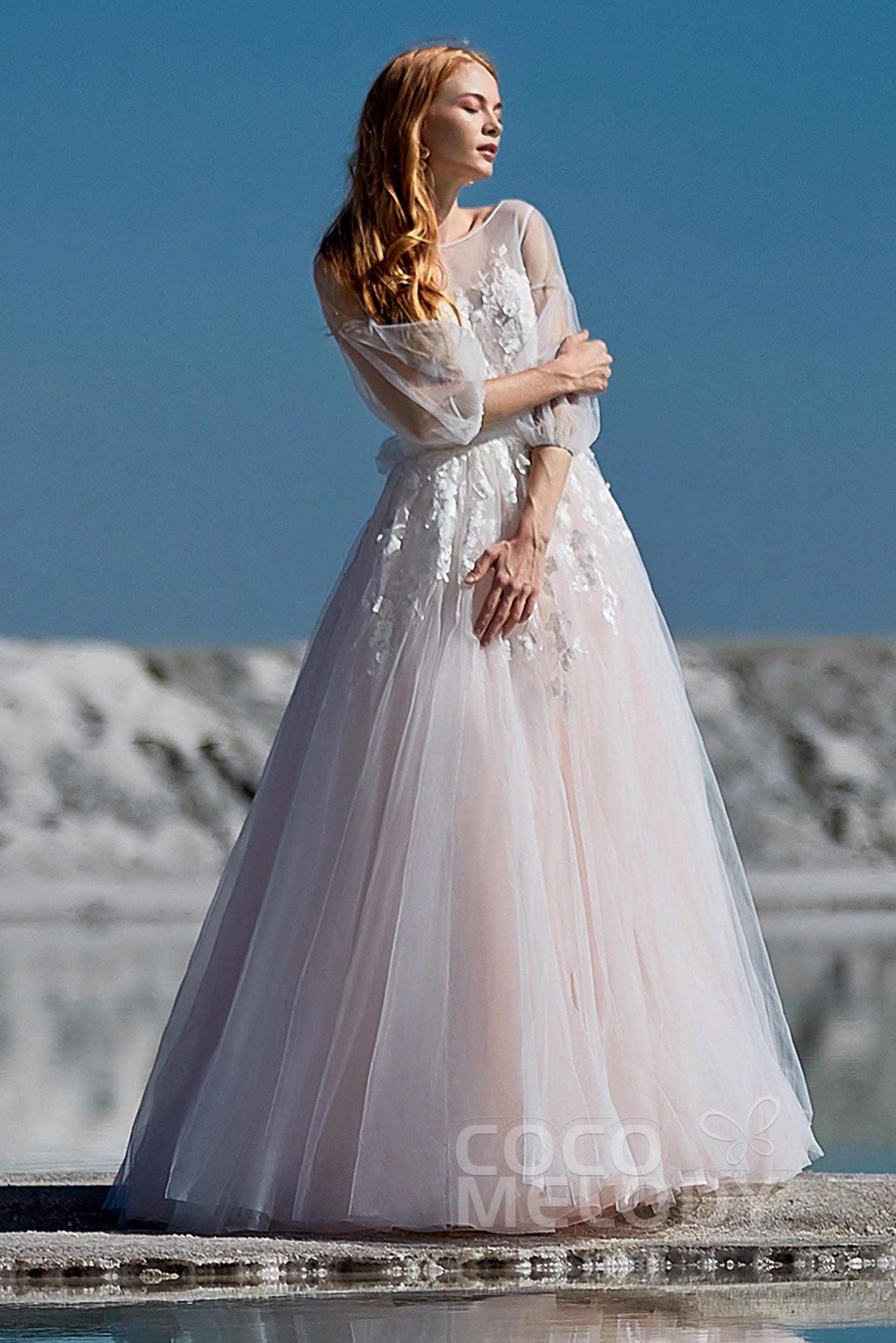 A-Line Sweep-Brush Train Tulle Wedding Dress LD5829CR - COCOMELODY