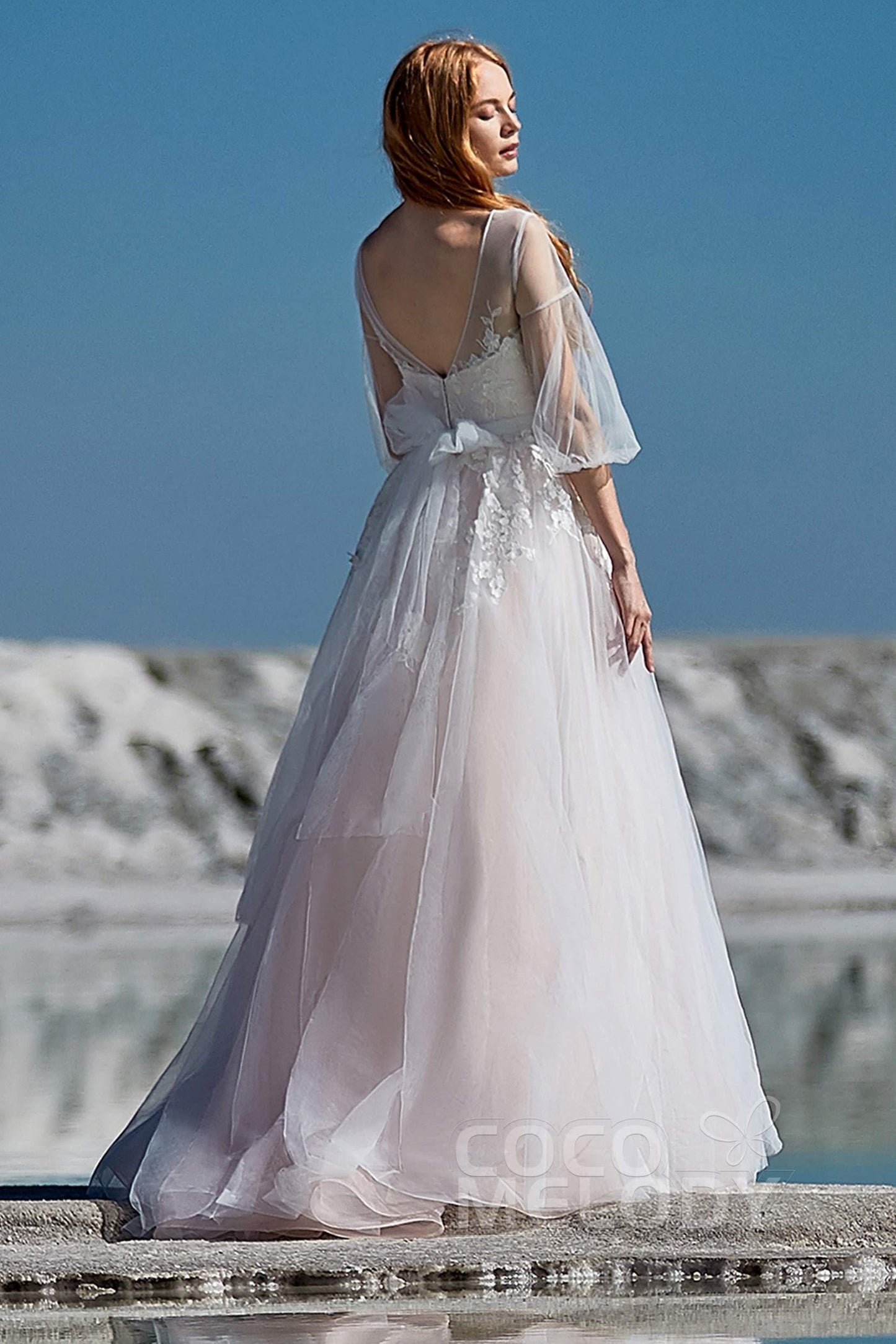 A-Line Sweep-Brush Train Tulle Wedding Dress LD5829CR - COCOMELODY