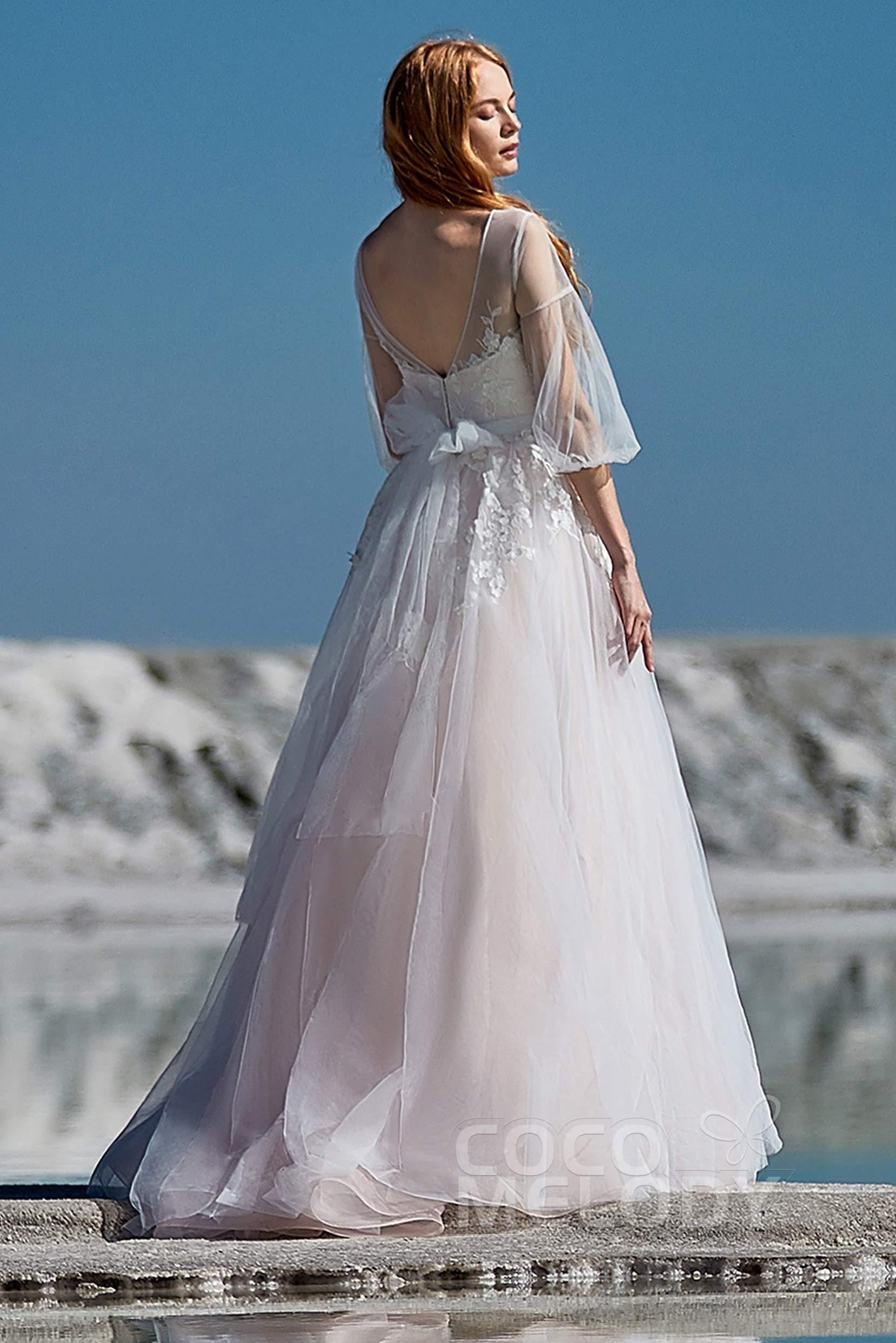 A-Line Sweep-Brush Train Tulle Wedding Dress LD5829CR - COCOMELODY