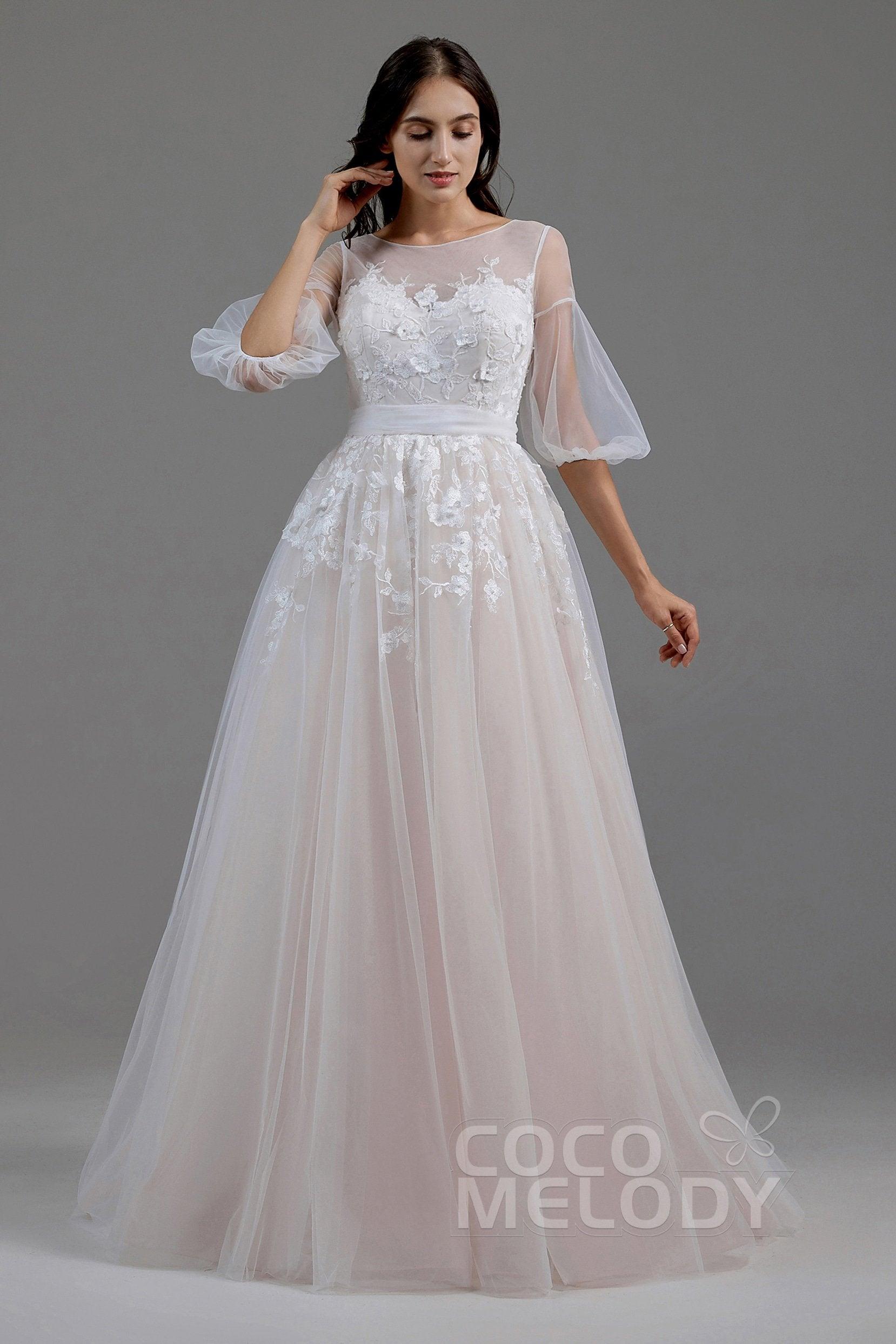 A-Line Sweep-Brush Train Tulle Wedding Dress LD5829CR - COCOMELODY