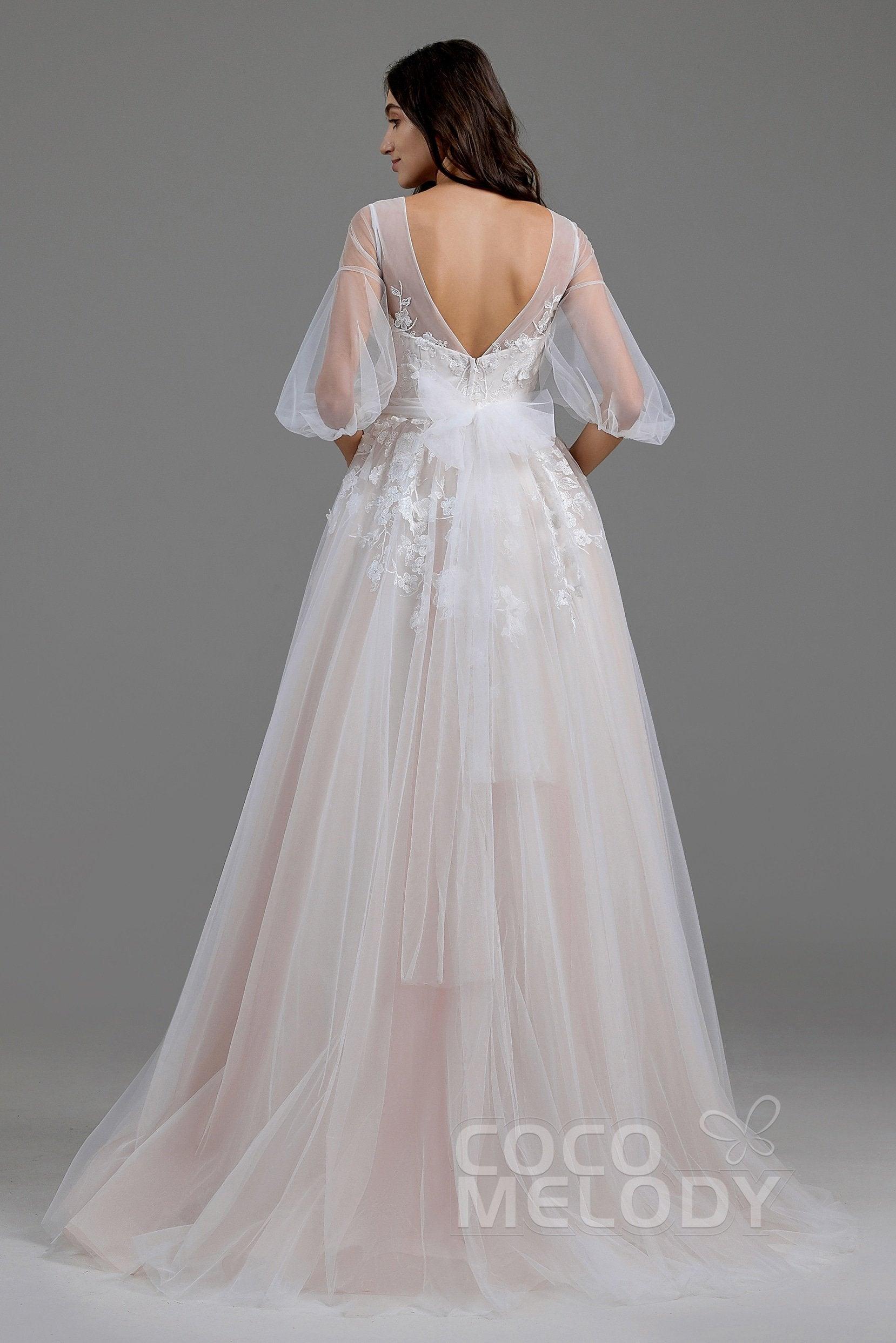 A-Line Sweep-Brush Train Tulle Wedding Dress LD5829CR - COCOMELODY