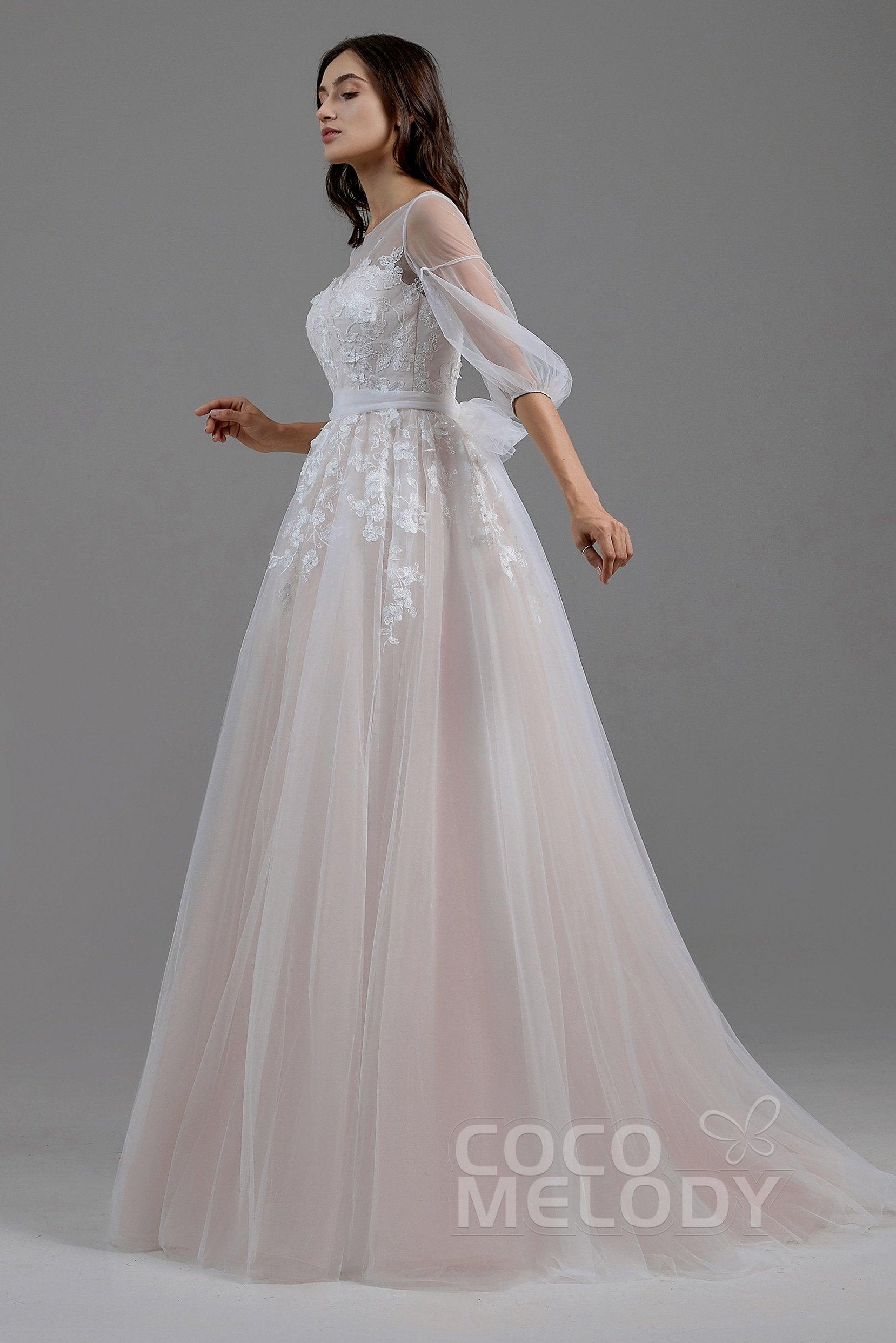 A-Line Sweep-Brush Train Tulle Wedding Dress LD5829CR - COCOMELODY