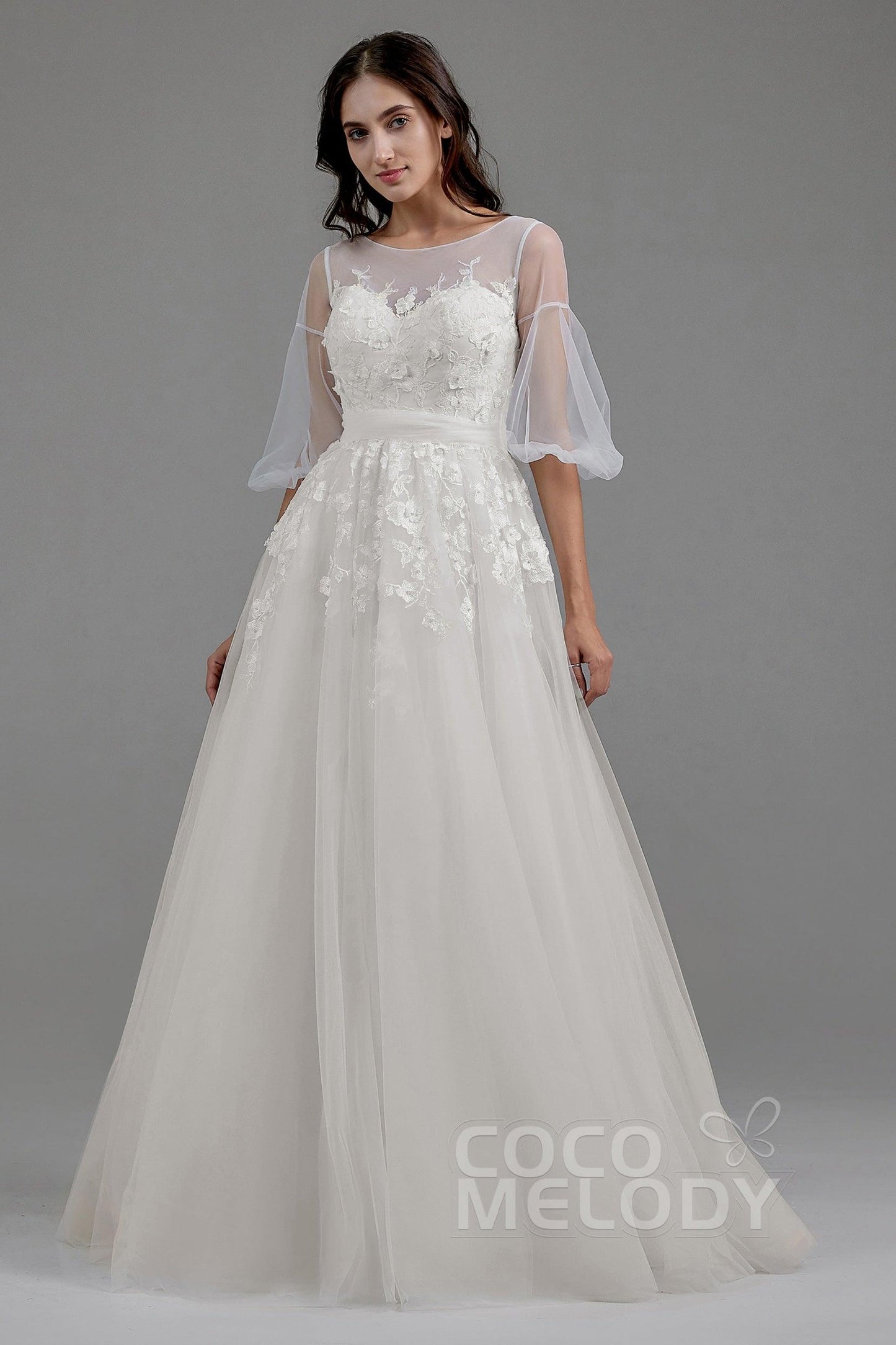A-Line Sweep-Brush Train Tulle Wedding Dress LD5829CR - COCOMELODY