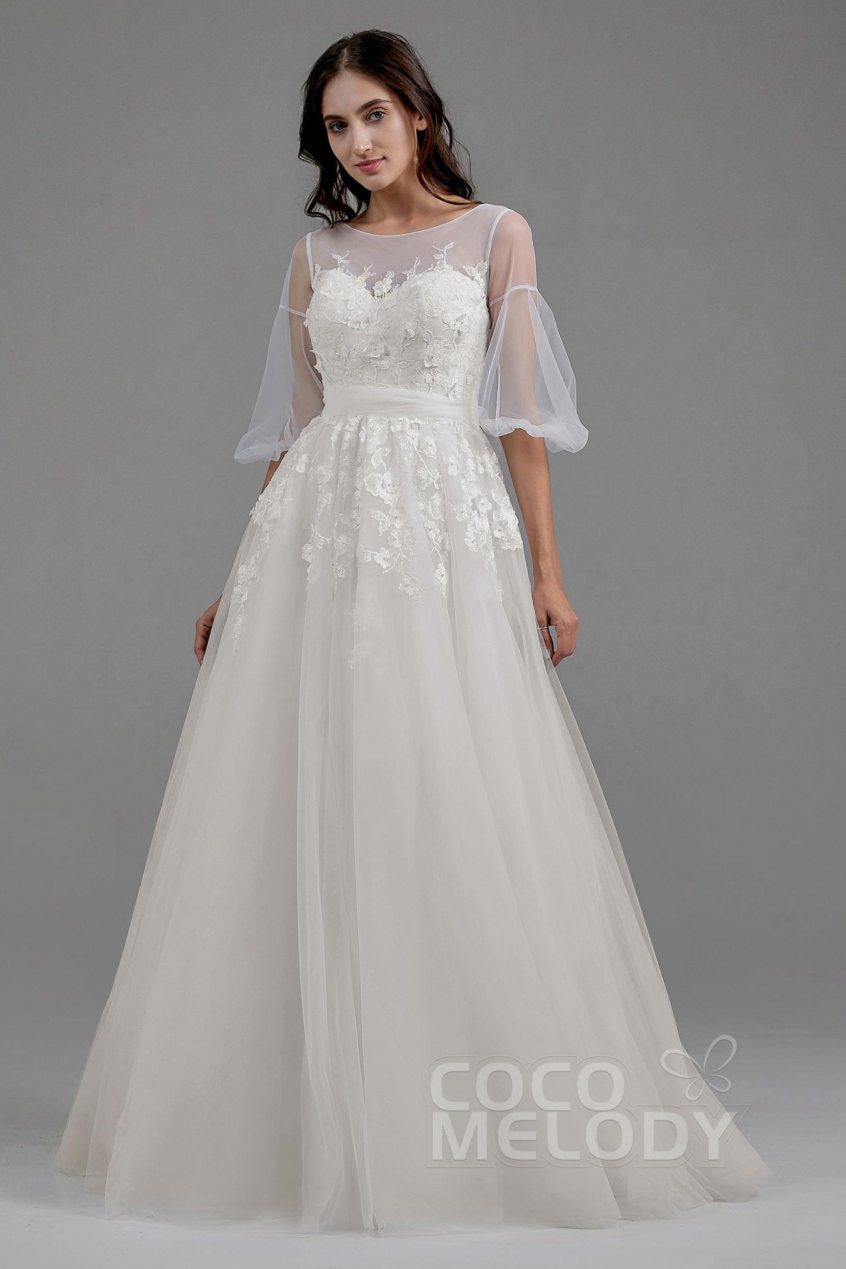 A-Line Sweep-Brush Train Tulle Wedding Dress LD5829CR - COCOMELODY