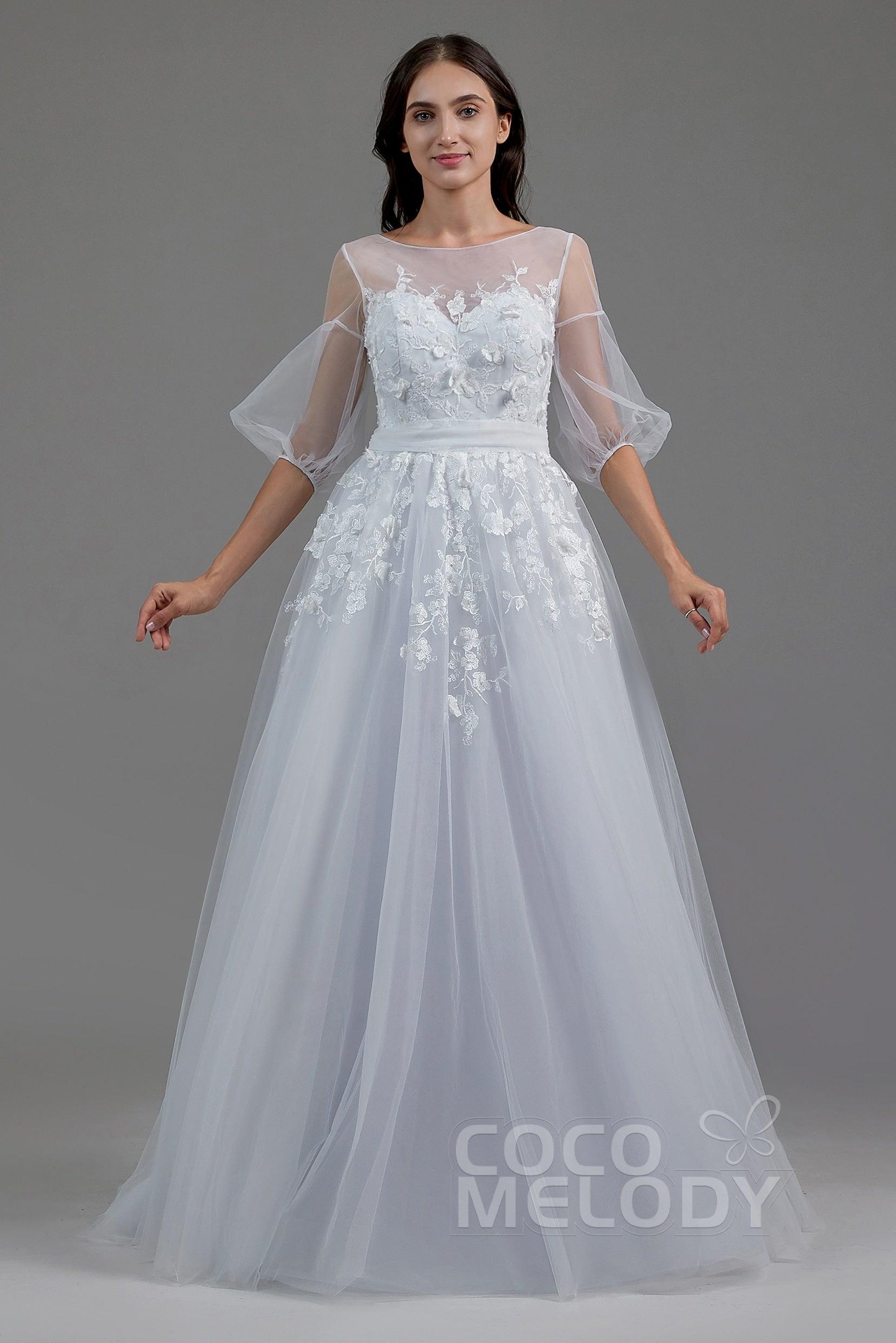 A-Line Sweep-Brush Train Tulle Wedding Dress LD5829CR - COCOMELODY
