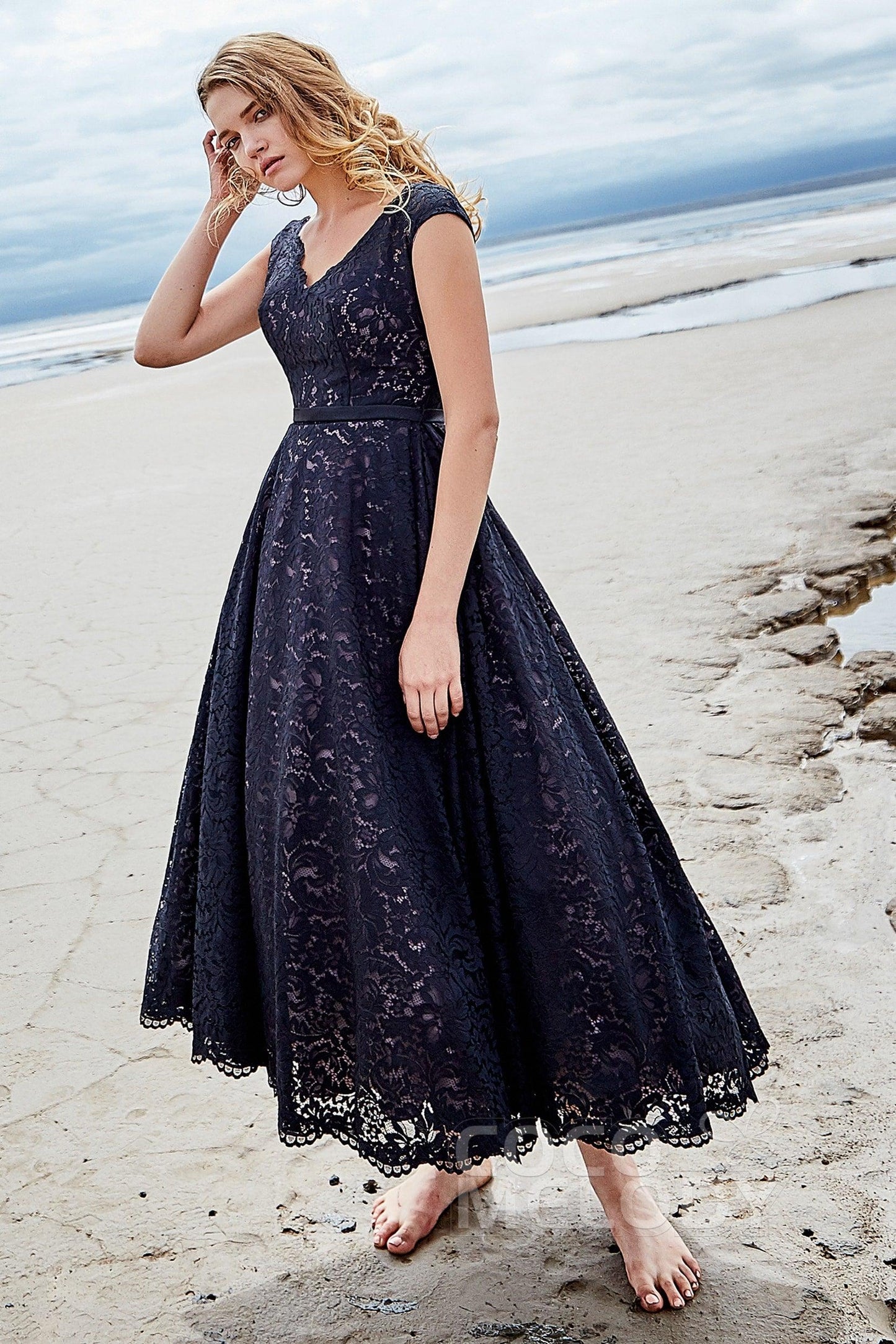 A-Line Tea Length Lace and Tulle Gothic Wedding Dress LD5831CR - COCOMELODY
