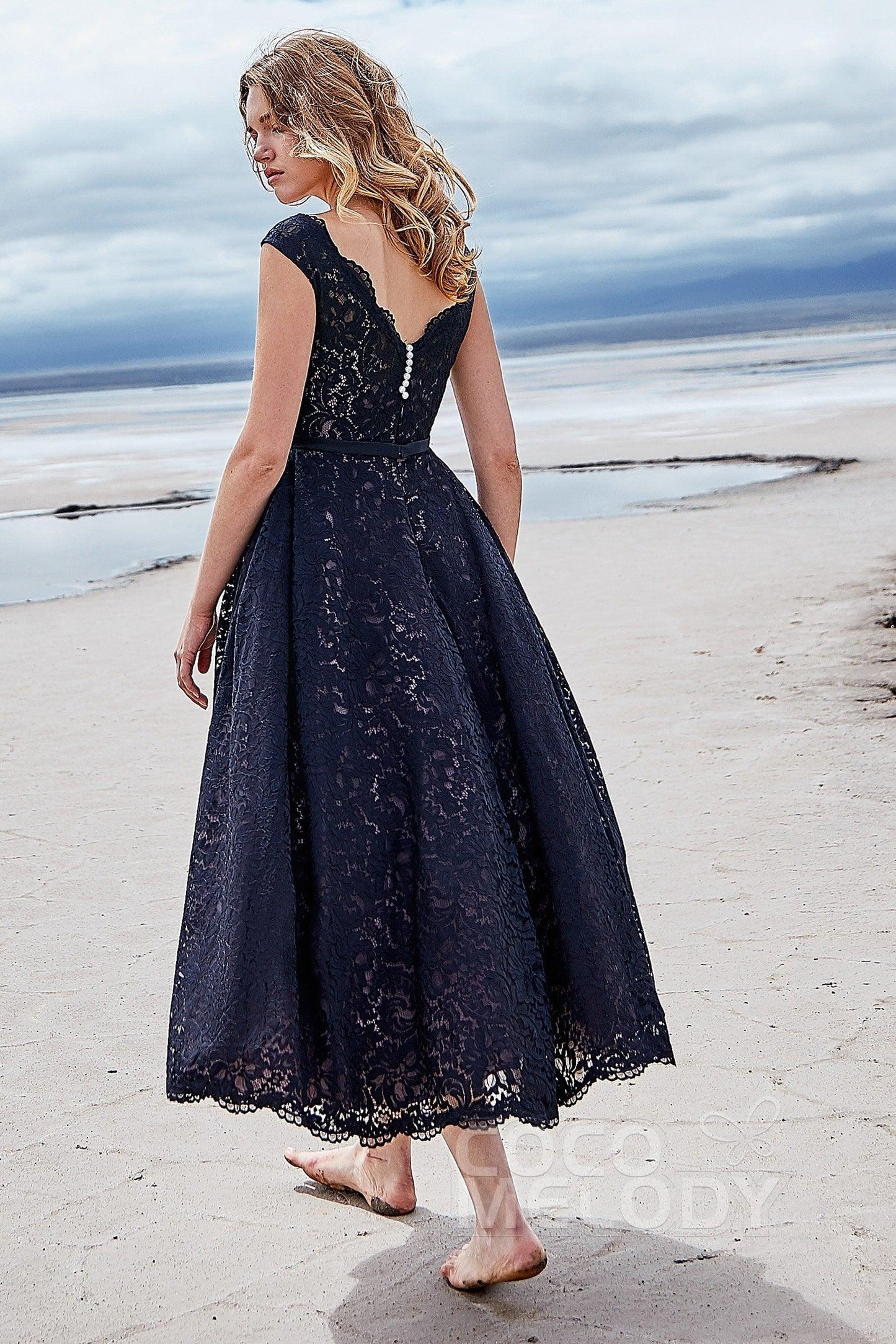 A-Line Tea Length Lace and Tulle Gothic Wedding Dress LD5831CR - COCOMELODY