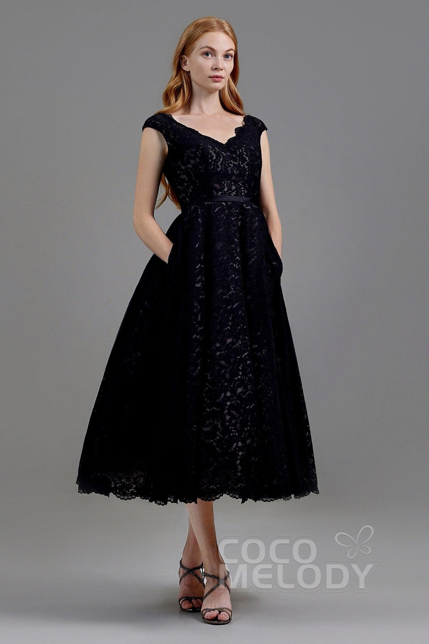 A-Line Tea Length Lace and Tulle Gothic Wedding Dress LD5831CR - COCOMELODY