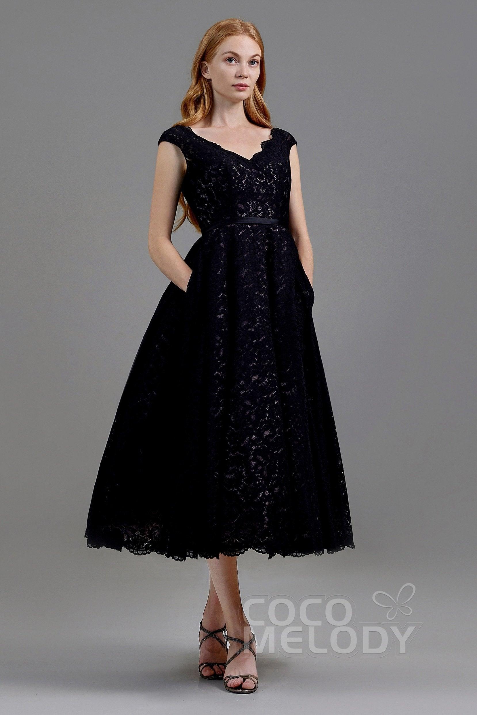 A-Line Tea Length Lace and Tulle Gothic Wedding Dress LD5831CR - COCOMELODY