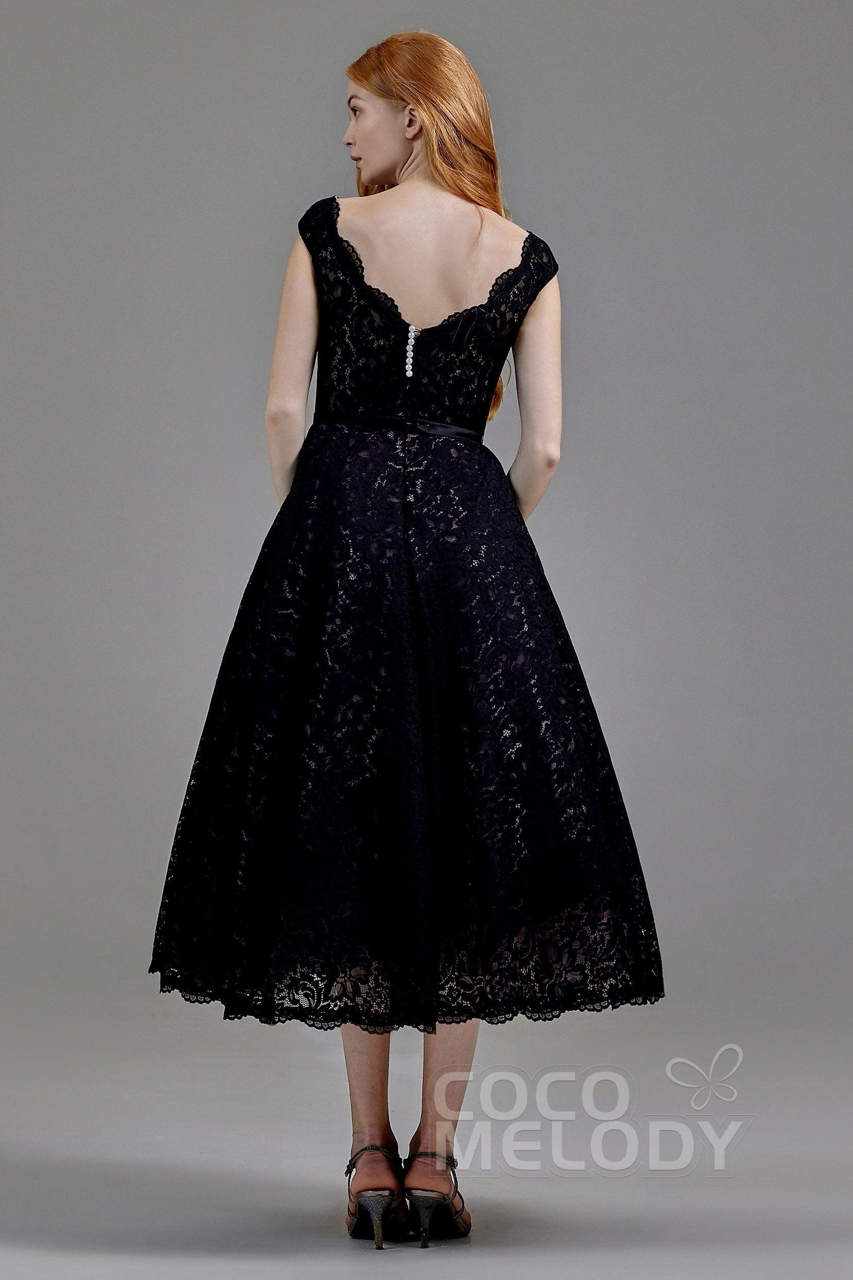 A-Line Tea Length Lace and Tulle Gothic Wedding Dress LD5831CR - COCOMELODY