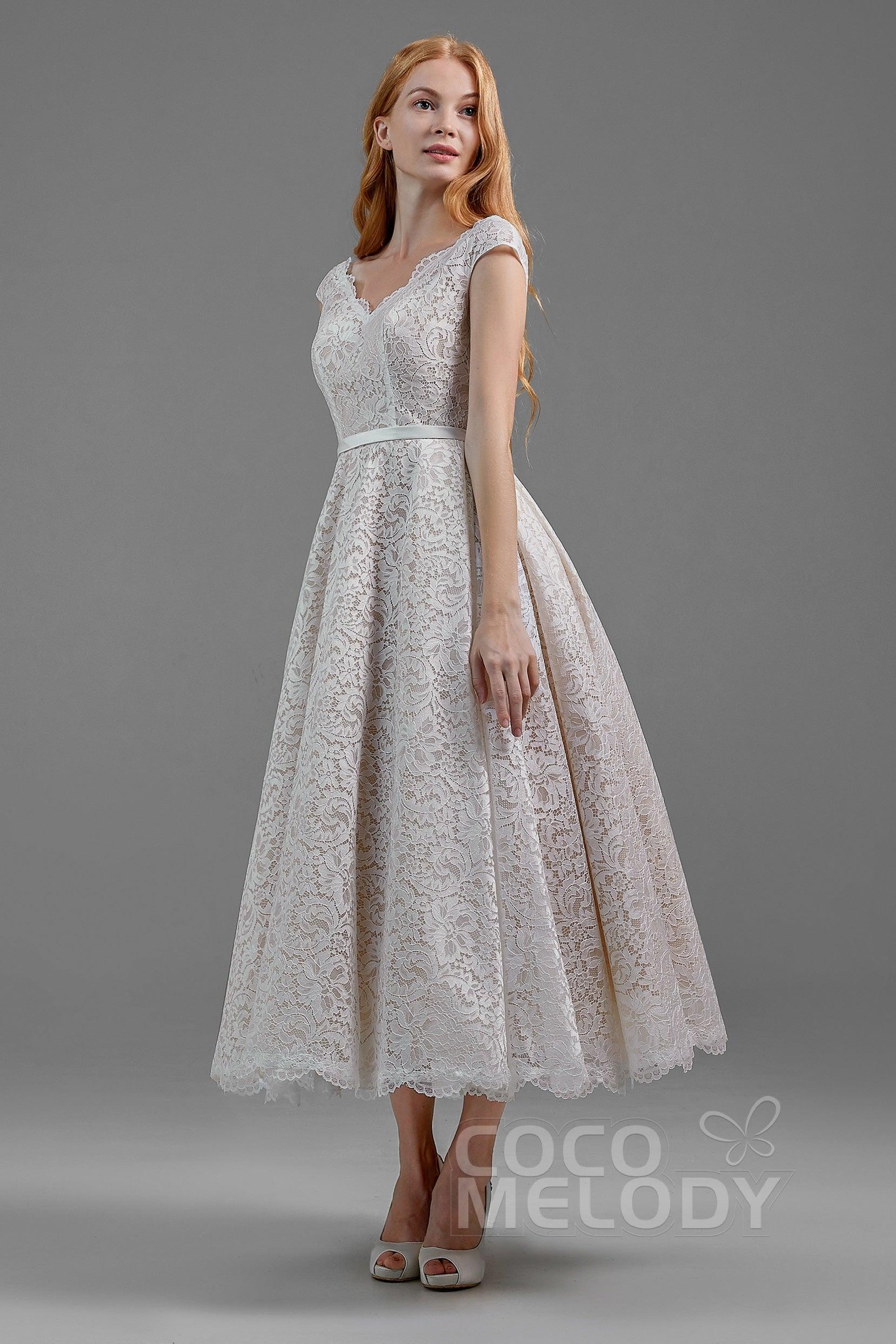 A-Line Tea Length Lace and Tulle Gothic Wedding Dress LD5831CR - COCOMELODY