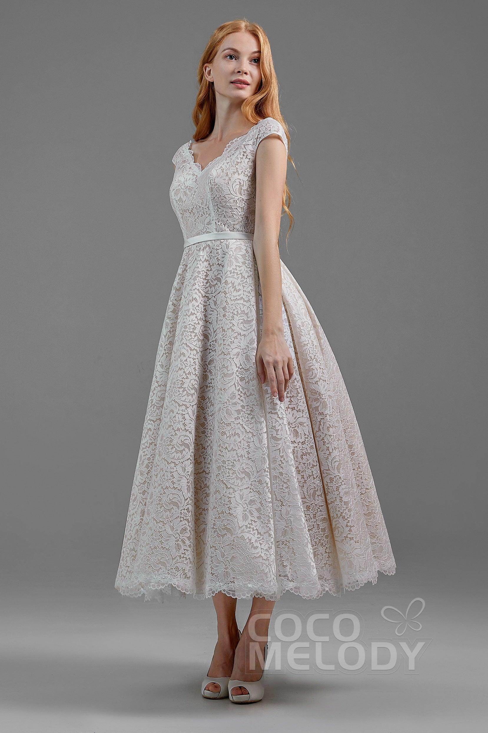 A-Line Tea Length Lace and Tulle Gothic Wedding Dress LD5831CR - COCOMELODY