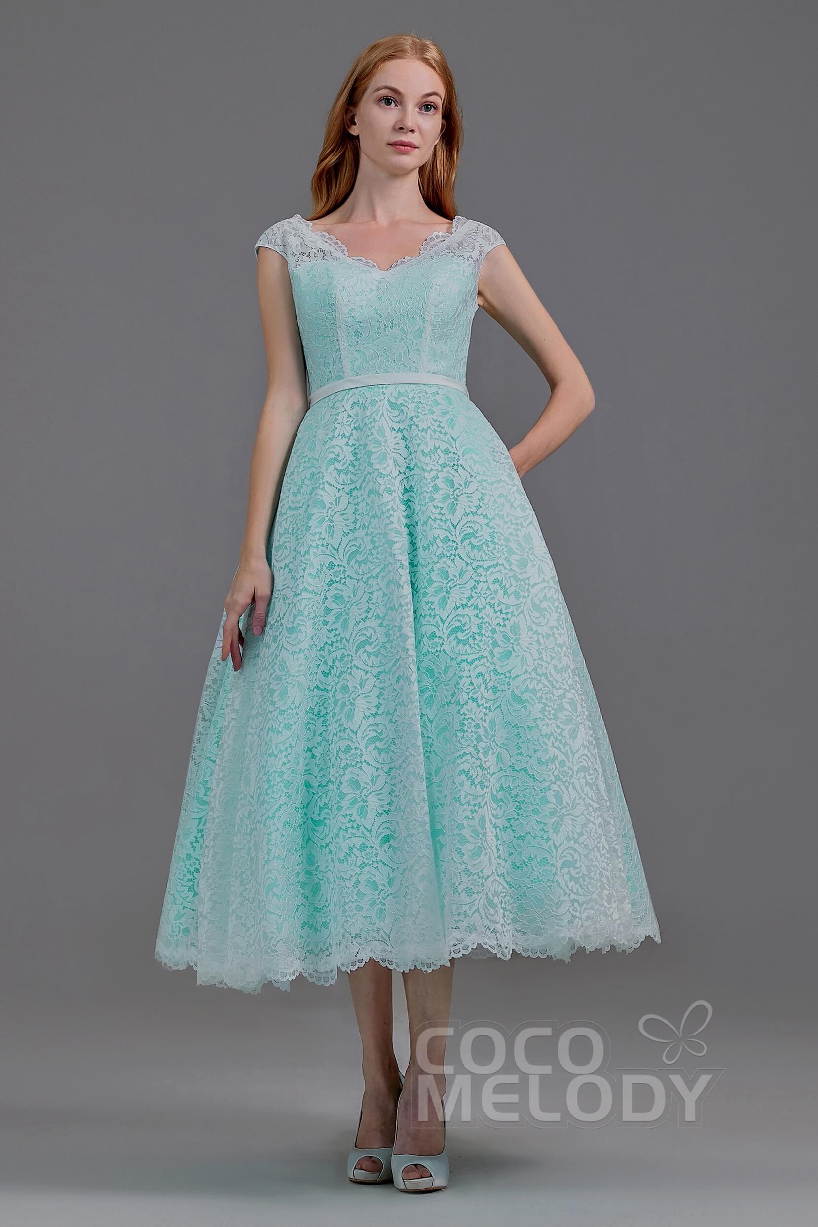 A-Line Tea Length Lace and Tulle Gothic Wedding Dress LD5831CR - COCOMELODY