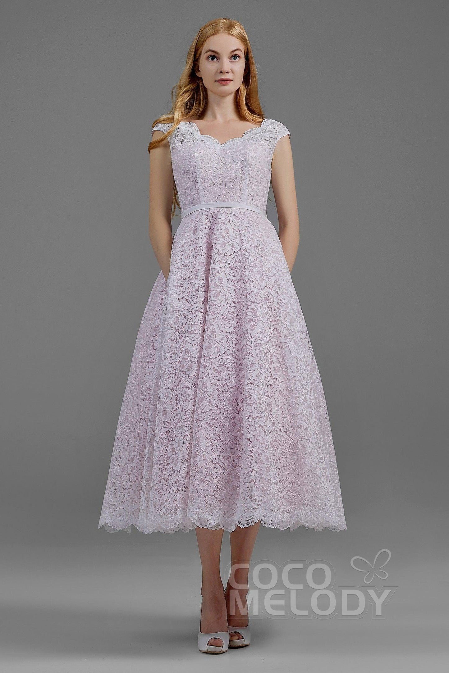 A-Line Tea Length Lace and Tulle Gothic Wedding Dress LD5831CR - COCOMELODY