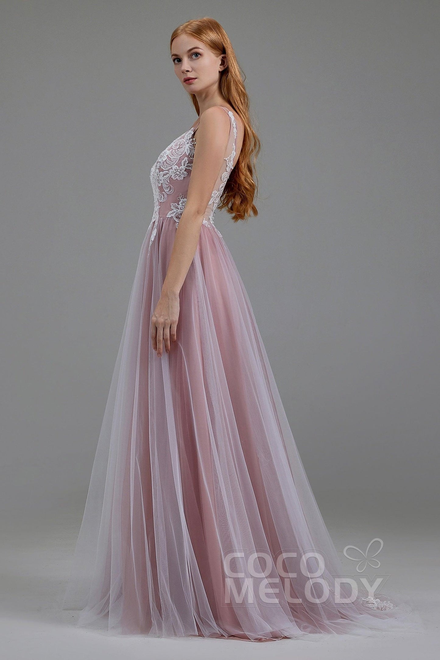 A-Line Sweep-Brush Train Tulle Chiffon Wedding Dress LD5832 - COCOMELODY