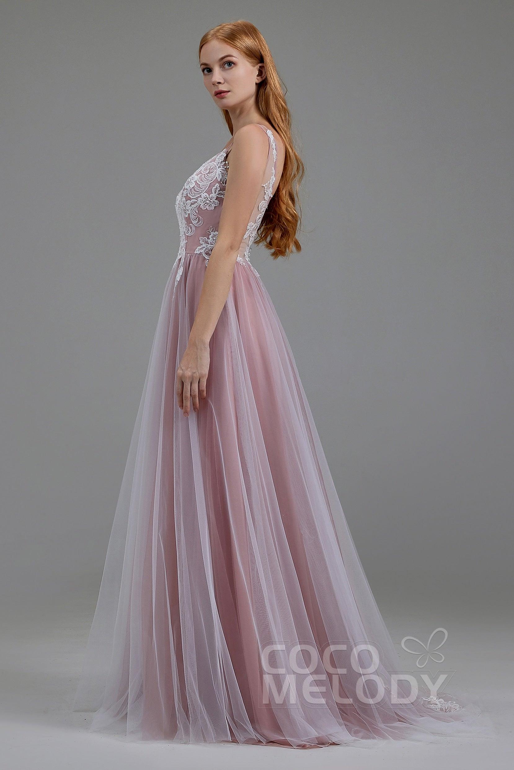A-Line Sweep-Brush Train Tulle Chiffon Wedding Dress LD5832 - COCOMELODY