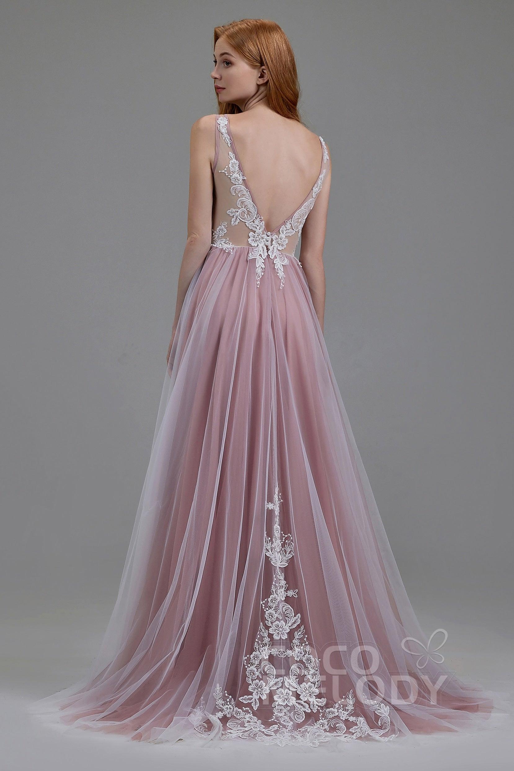A-Line Sweep-Brush Train Tulle Chiffon Wedding Dress LD5832 - COCOMELODY