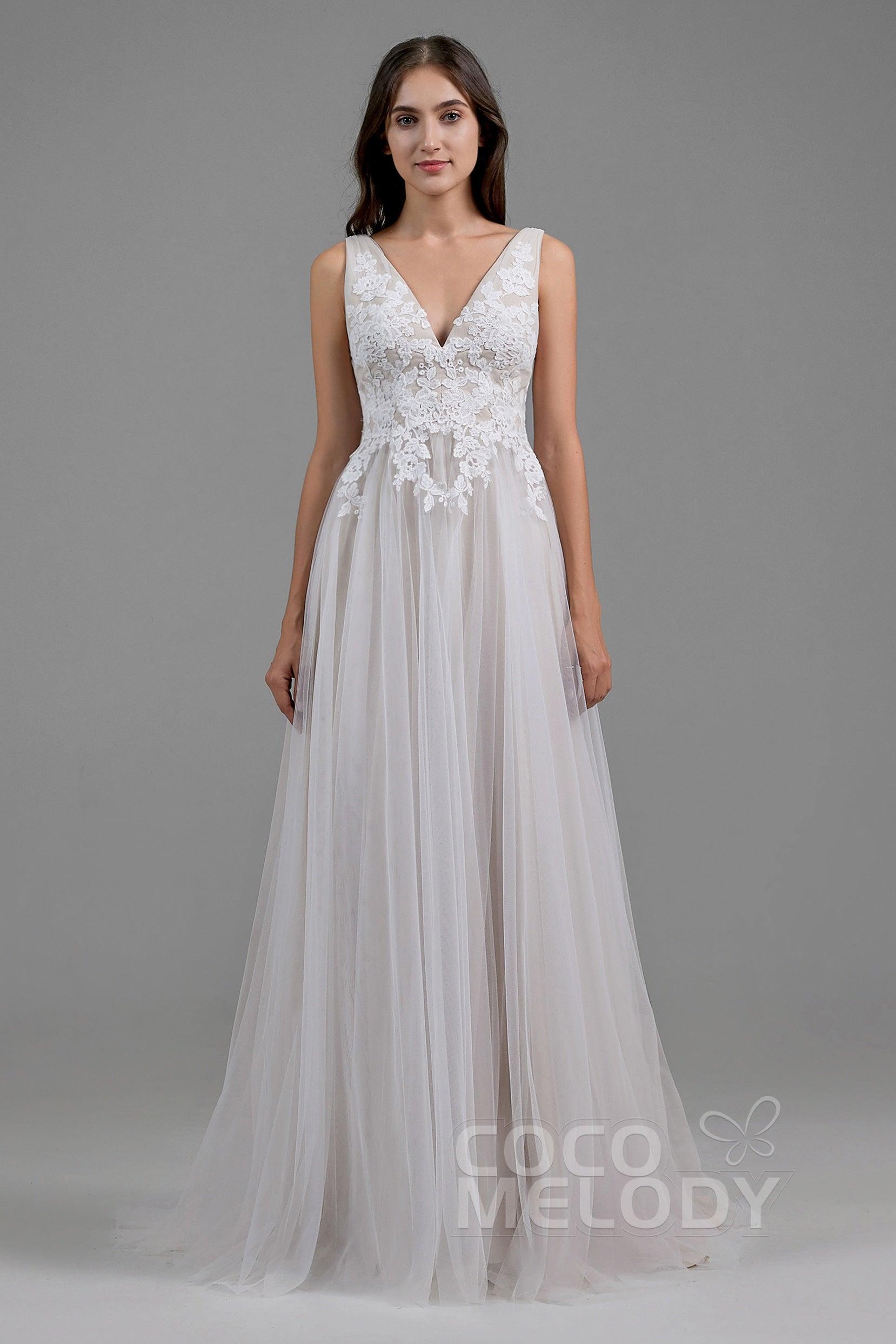 A-Line Sweep-Brush Train Tulle Wedding Dress LD5833 - COCOMELODY