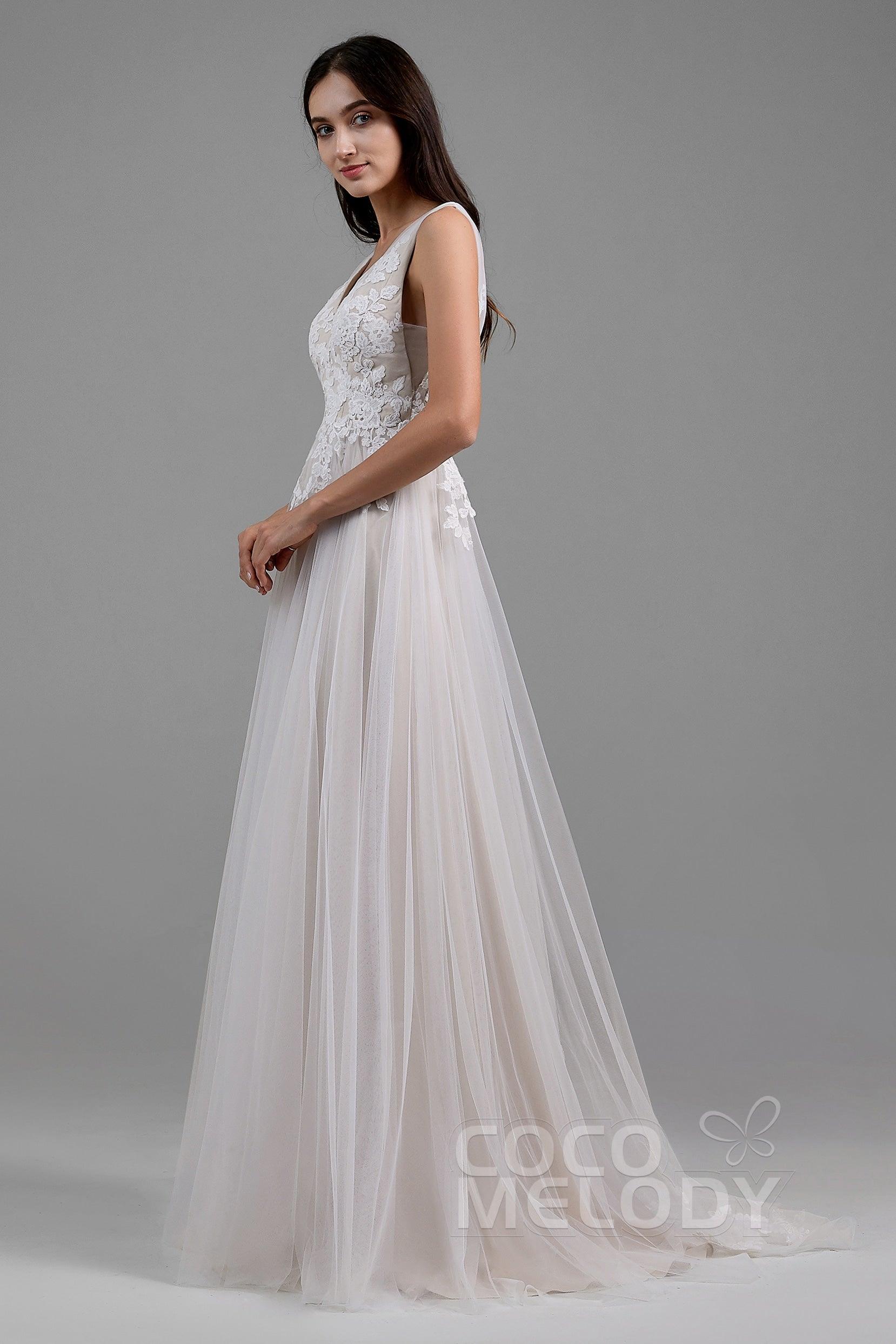 A-Line Sweep-Brush Train Tulle Wedding Dress LD5833 - COCOMELODY