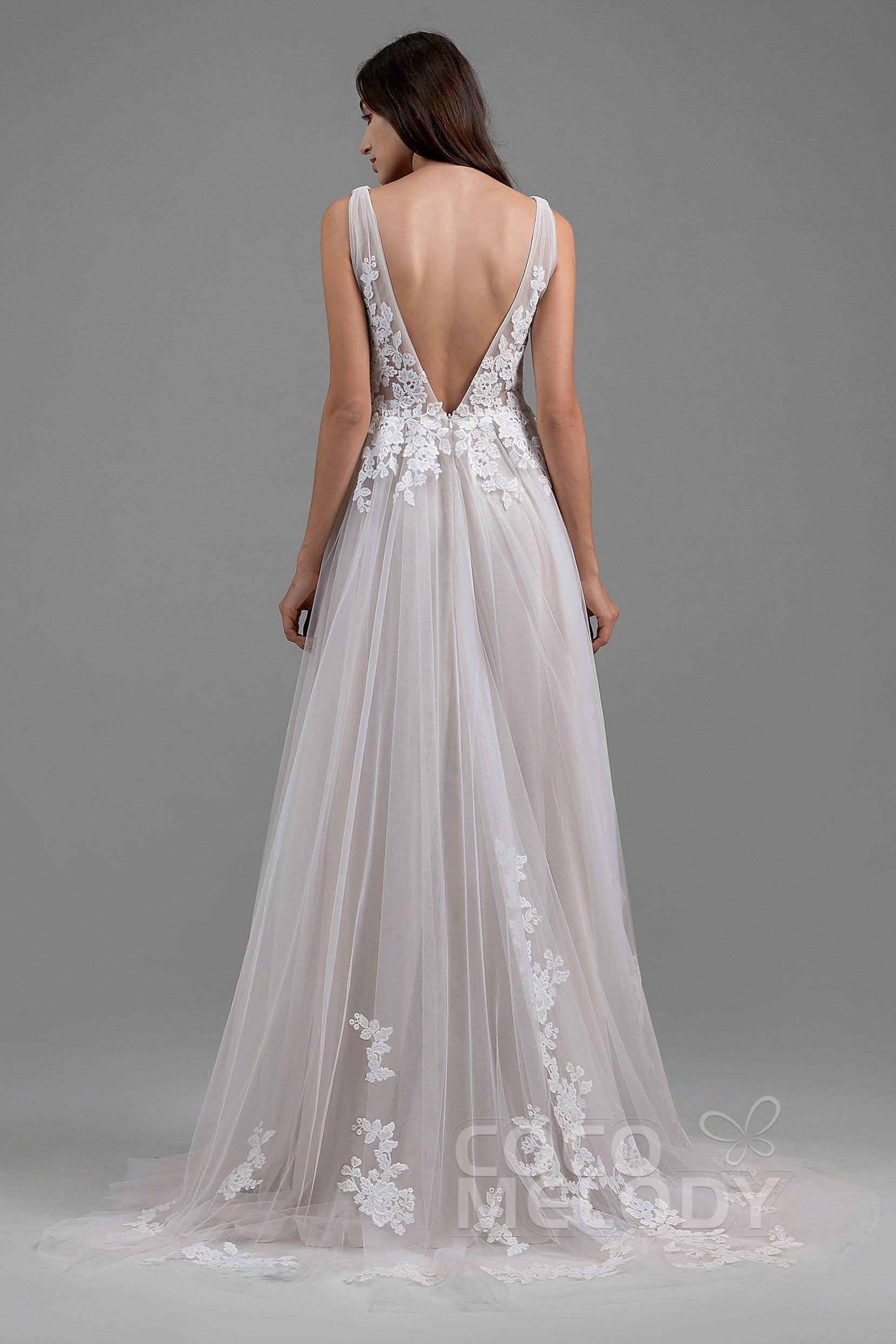 A-Line Sweep-Brush Train Tulle Wedding Dress LD5833 - COCOMELODY