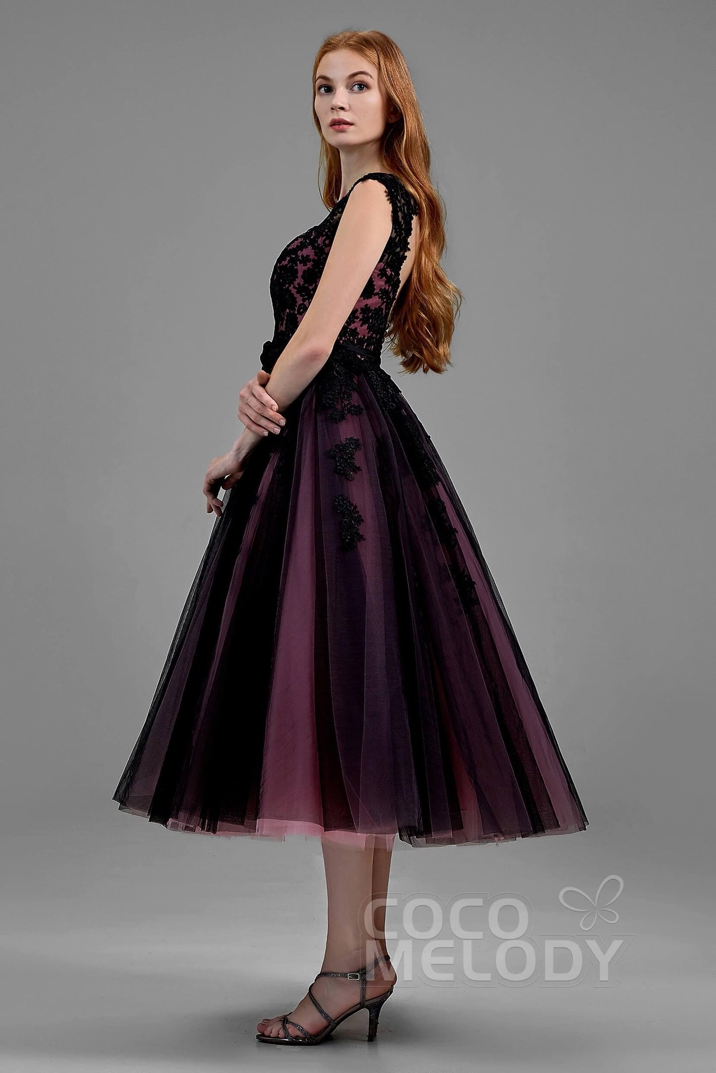 A-Line Tea Length Tulle Gothic Wedding Dress LD5842CR - COCOMELODY