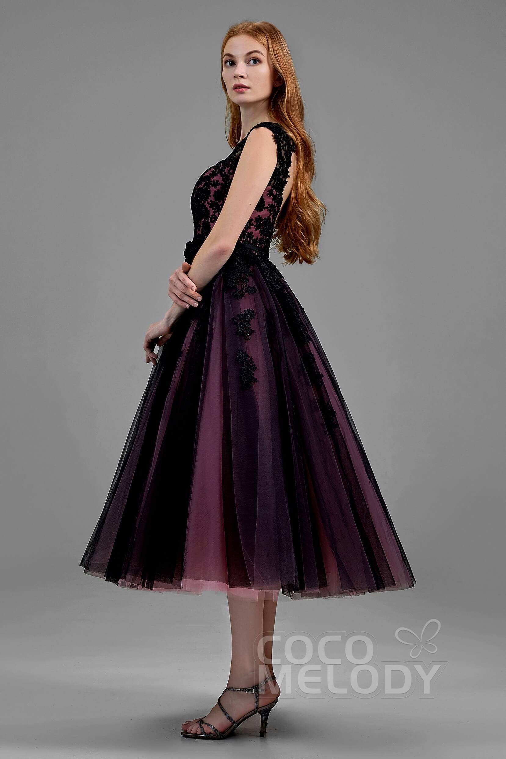 A-Line Tea Length Tulle Gothic Wedding Dress LD5842CR - COCOMELODY