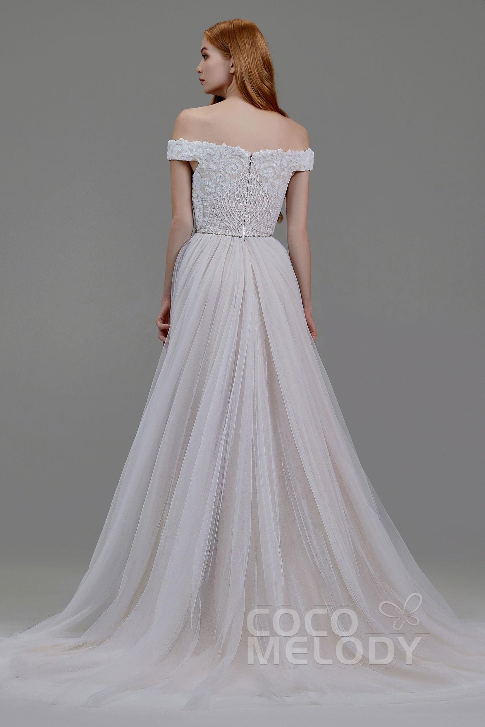 A-Line Court Train Sequined Lace Wedding Dress LD5868 - COCOMELODY