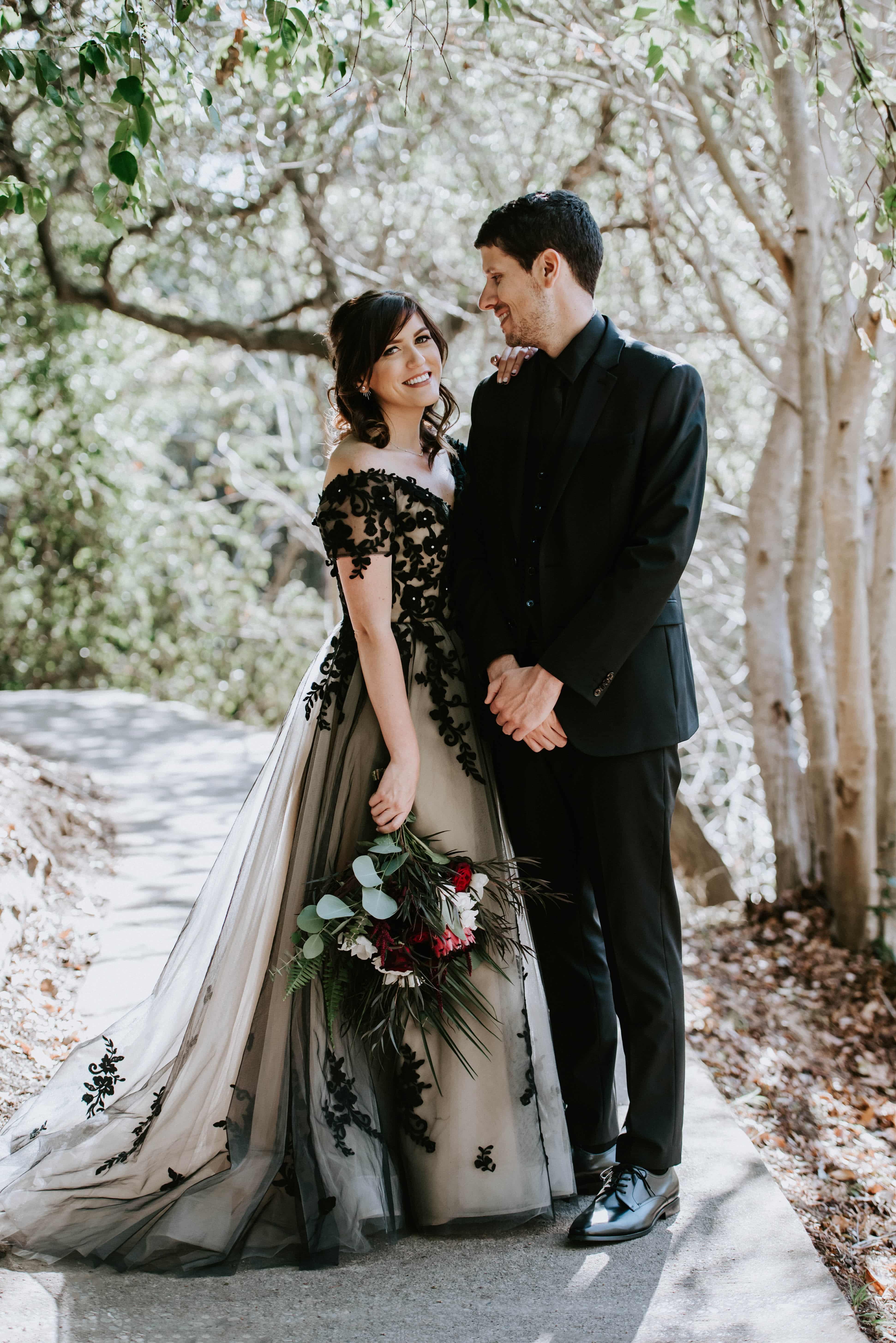 Off Shoulder Wedding Dress A Line Tulle Beaded Gothic Black Bridal