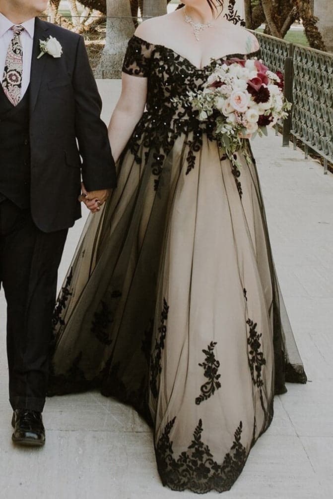 Off Shoulder Wedding Dress A Line Tulle Beaded Gothic Black Bridal